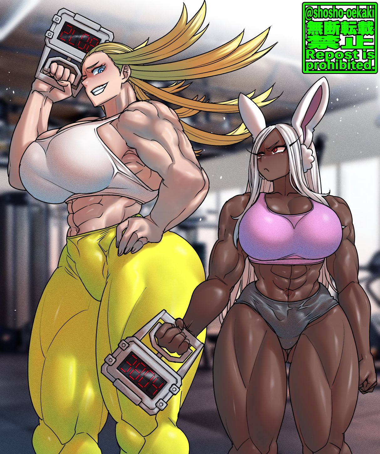 2girls, abs, big breasts, blonde hair, blue eyes, boku no hero academia, breasts, cathleen bate, female, female only, huge breasts, large breasts, light skin, light-skinned female, looking at another, looking at viewer, miruko, muscular, muscular female, my hero academia, rabbit ears, red eyes, rumi usagiyama, shosho oekaki, star and stripe (my hero academia), taller female, thick thighs, thighs, usagiyama rumi, white hair, wide hips, workout clothes