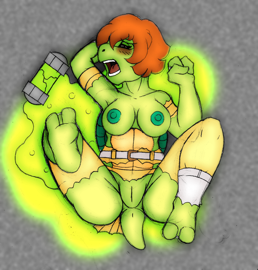 2_toes 3_fingers after_transformation alternate_species anthro anus april_o'neil april_o'neil_(mutant) april_o'neil_(tmnt_1987) areola aroused aroused_face bare_shoulders barefoot belly_scales belt big_breasts blush breasts closed_eyes clothing concrete container erect_nipples eyelashes feet fingers footwear genitals green_areola green_body green_nipples green_skin grey_background hair huge_breasts ivanks lust_transformation lying male mankor moan mostly_nude mutagen nipples non-mammal_breasts non-mammal_nipples on_back open_mouth orange_hair outside pussy red_hair reptile scales scalie shell short_hair short_tail simple_background slime snout socks solo species_transformation tail teenage_mutant_ninja_turtles teeth thick_thighs tmnt_1987 toes tongue torn_clothing torn_footwear torn_socks transformation transformation_through_technology turtle turtle_shell