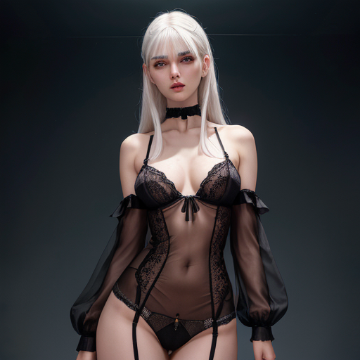 ai_generated armpit_crease bangs belly_button black_background black_lingerie black_panties choker collarbone female garter_straps lace long_hair navel original original_character see-through sheer_clothes sleeves solo standing thin_waist toned_female white_hair