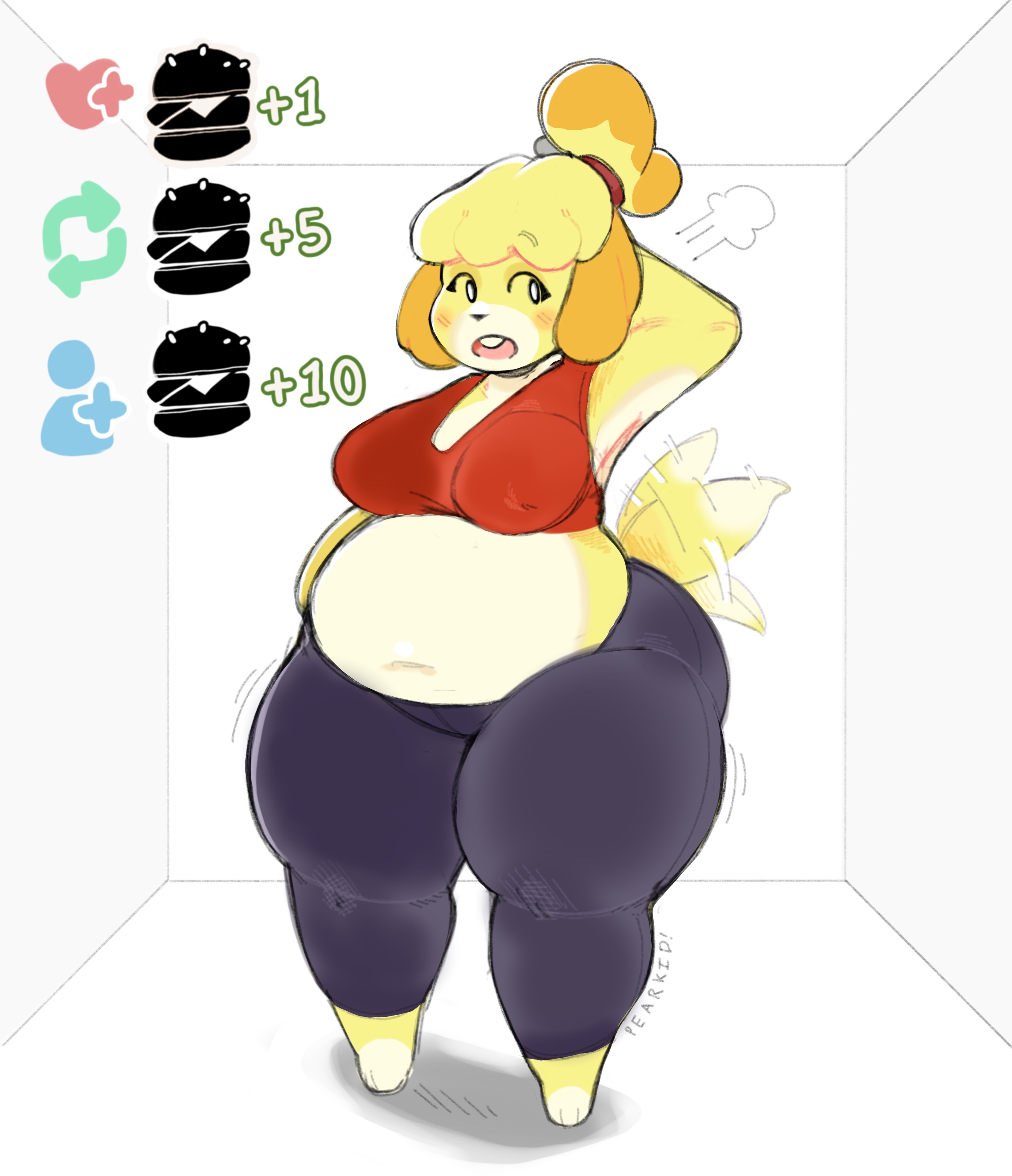 animal crossing, anthro, big breasts, breasts, chubby, chubby female, fat, female, female focus, female only, isabelle (animal crossing), nintendo, overweight, overweight female, pearkidart, thick thighs, thighs, twitter strip game, wide hips