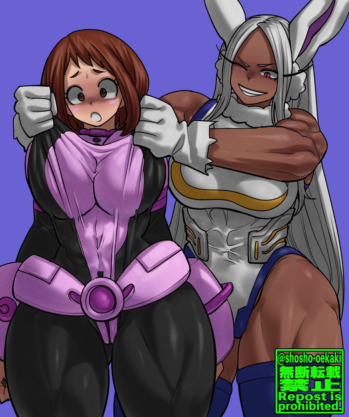 2girls, athletic, athletic female, big breasts, blush, bodysuit, boku no hero academia, breasts, brown hair, brown-haired female, bunny ears, dark skin, dark-skinned female, female, female human, female only, fit, fit female, grabbing breasts, grabbing from behind, hero outfit (mha), human, kemonomimi, large breasts, leotard, light skin, light-skinned female, long hair, mature female, miruko, muscular, muscular female, my hero academia, ochako uraraka, ochako uraraka (hero outfit), rabbit ears, shosho oekaki, superhero costume, superheroine, thick thighs, thighs, uraraka ochako, uraraka ochako (hero outfit), usagiyama rumi, white hair, white-haired female, wide hips