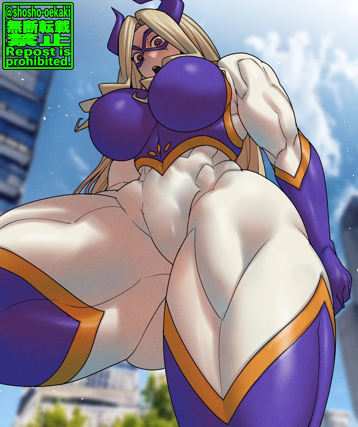 1girls abs athletic_female big_breasts blonde_hair boku_no_hero_academia eye_mask female female_human female_only fit_female giant_breasts giant_thighs giantess hero_outfit_(mha) huge_breasts human large_breasts light-skinned_female light_skin looking_at_viewer looking_down mount_lady muscular_female my_hero_academia red_eyes shosho_oekaki solo solo_female solo_focus superhero_costume superheroine takeyama_yuu thick_thighs thighs yuu_takeyama