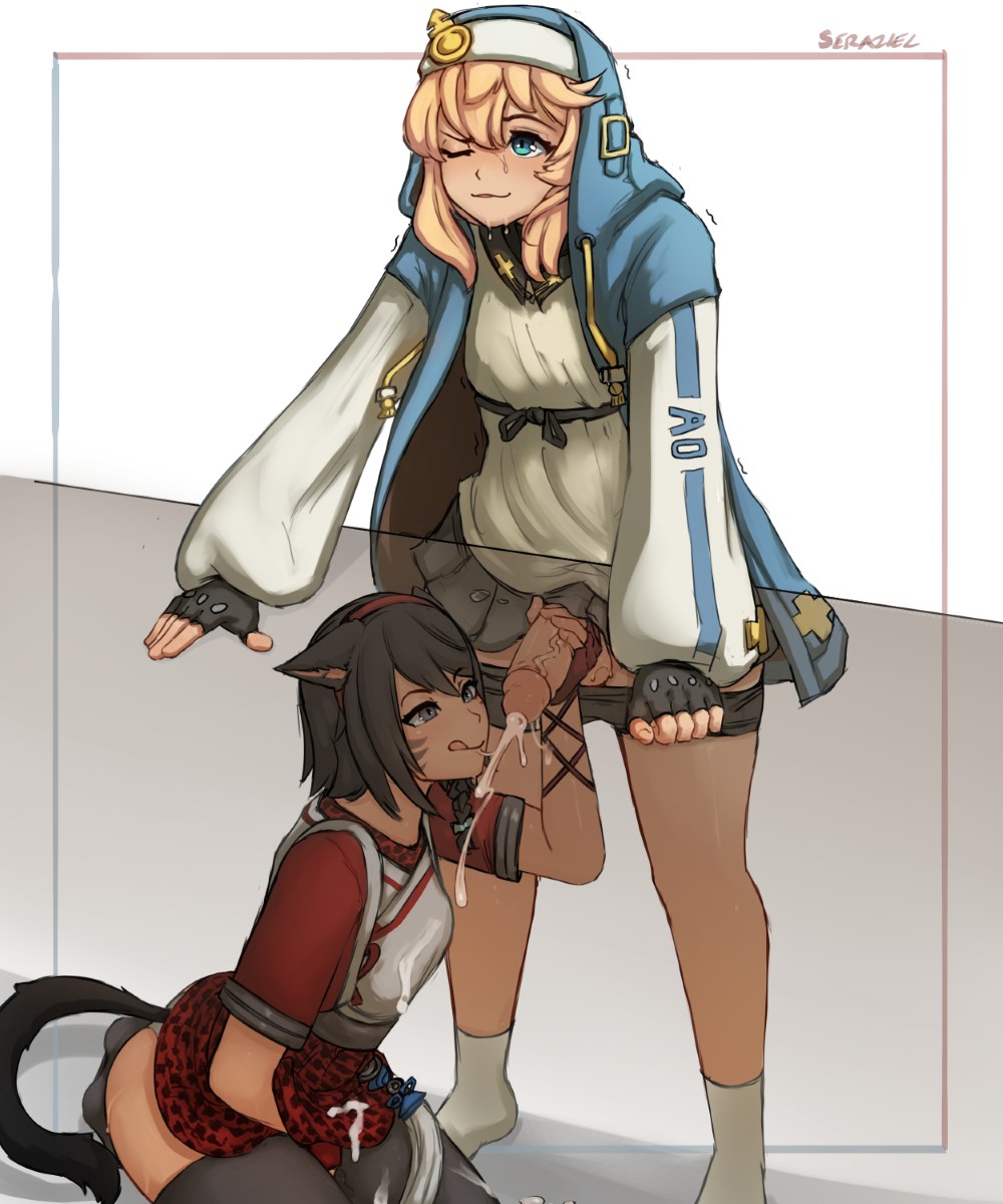 1boy, 1girls, androgyne symbol, androgynous, animal ears, blonde hair, blue eyes, bridget, closed mouth, clothed, cum, cumshot, ejaculation, erection, female, femboy, femboy on female, fingerless gloves, gloves, guilty gear, guilty gear strive, handjob, licking lips, male, male on female, male/female, oc, one eye closed, orgasm, otoko no ko, penis, seraziel, sitting, skirt, socks, standing, straight, sweat, tail, tongue, tongue out, twitching, under the table, veiny penis