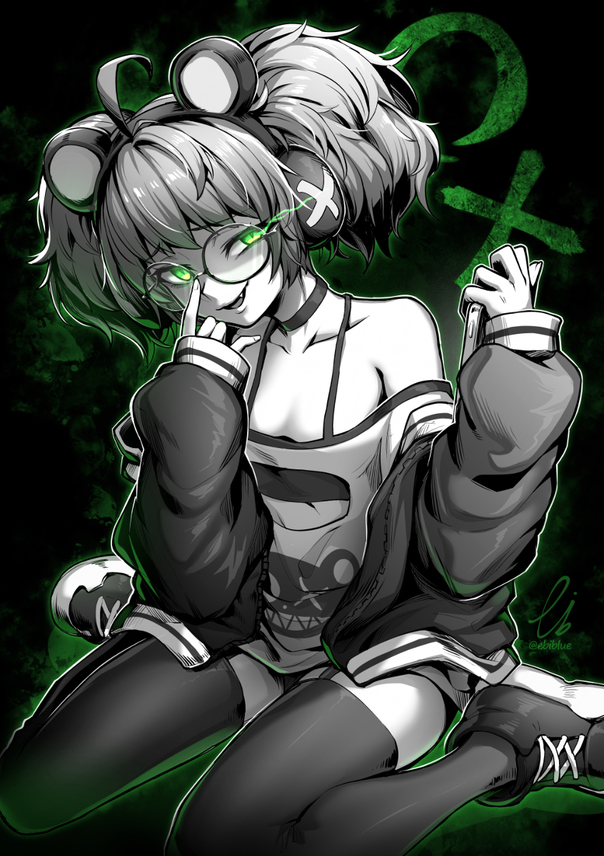 adjusting_eyewear ahoge animal_ear_headphones animal_ears baggy_clothes bare_shoulders black_choker choker collarbone dark_background ebiblue eliza_(yeougui) evil_smile fake_animal_ears female finger_on_eyewear flaming_eye garter_straps gesugao glasses green_eyes greyscale halterneck headphones highres holding holding_phone long_sleeves looking_at_viewer monochrome oerba_yun_fang open_mouth original phone shirt sitting smile smug solo strap thighhighs wariza