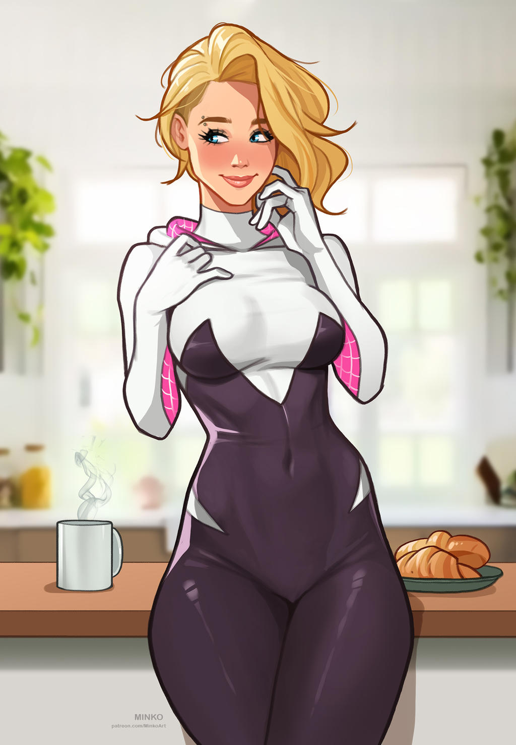 1girls, ass, athletic, athletic female, big ass, big breasts, blonde female, blonde hair, blue eyes, bottom heavy, breasts, bust, busty, chest, cleavage, curvaceous, curvy, curvy figure, cute, cute face, digital media (artwork), eyebrow piercing, eyebrows, eyelashes, eyes, female, female focus, fit, fit female, ghost-spider, gwen stacy, hair, hero, heroine, hips, hourglass figure, huge breasts, human, large breasts, legs, light skin, light-skinned female, lips, marvel, marvel comics, minko, olena minko, short hair, slim, slim waist, spider-gwen, spider-man (series), spider-man: across the spider-verse, spider-man: into the spider-verse, superhero, superheroine, thick, thick legs, thick thighs, thighs, top heavy, top heavy breasts, upper body, voluptuous, voluptuous female, waist, wide hips