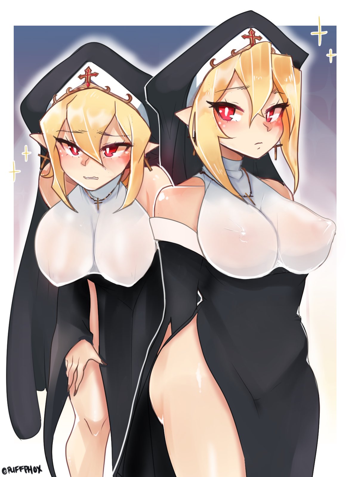 alternate_version_available breasts disgaea disgaea_2 large_breasts nippon_ichi_software no_bra no_panties nun nun_outfit puffphox rozalin see-through_clothing thick_thighs thighs