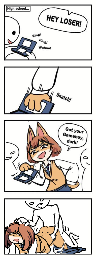 2koma all_fours angry anthro anthro_female brown_hair bullying correction doggy_style doggystyle english_text forced furry gameboy_advance gameboy_advance_sp human human_male instant_loss_2koma laugh nintendo panties rape school_girl skirt speech_bubble text video_game white_panties