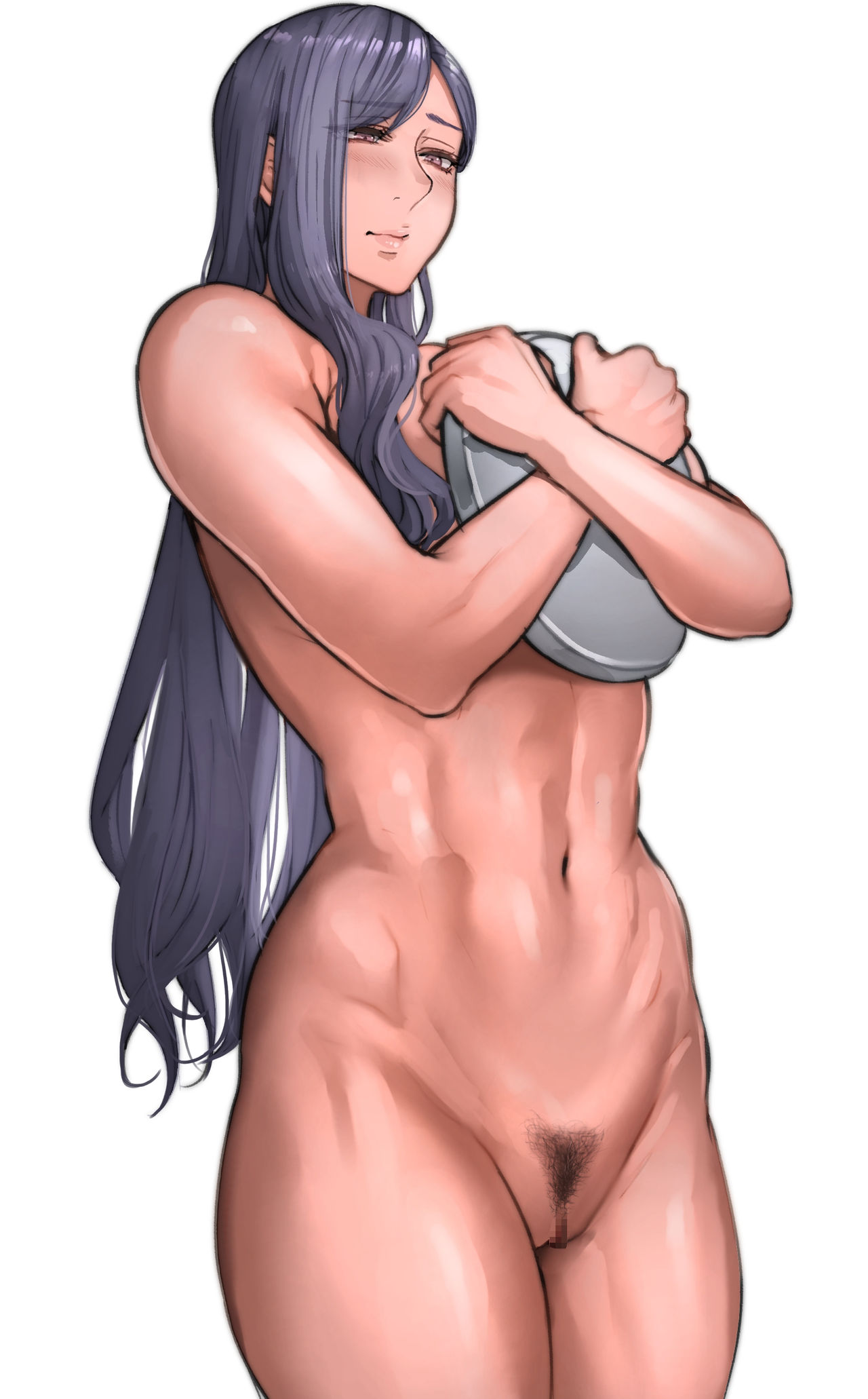 1girls, 2019, absurd res, blue hair, blush, breasts, censored, covering, covering breasts, embarrassed, eyebrows visible through hair, female, female only, highres, holding tray, long hair, maid clara (pepe (jonasan)), navel, nude, original, pepe (jonasan), pink eyes, pubic hair, pussy, simple background, solo, standing, tray, very long hair, white background