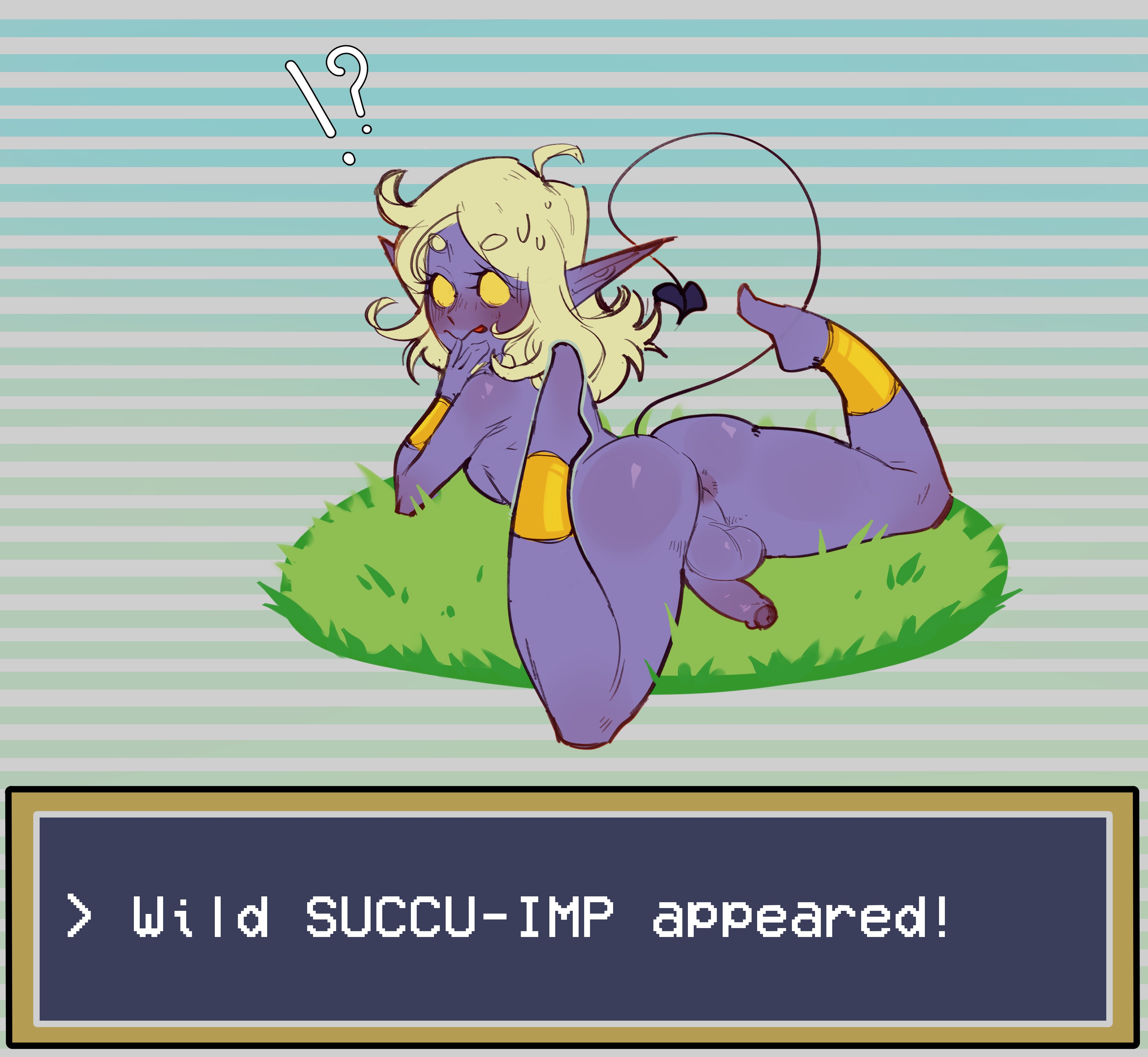 1futa, 2023, ass, back, back view, balls, blonde hair, blush, breasts, cock-tail, demon, dialogue, dickgirl, english text, feet up, futa only, futa sans pussy, futanari, humanoid, humanoid penis, imp, intersex, lewdstuff, long hair, looking back, lying on stomach, nude, nude futa, on stomach, penis, pointy ears, pokemon, pokemon battle, purple skin, solo, succubus, tail, text, text box, white hair