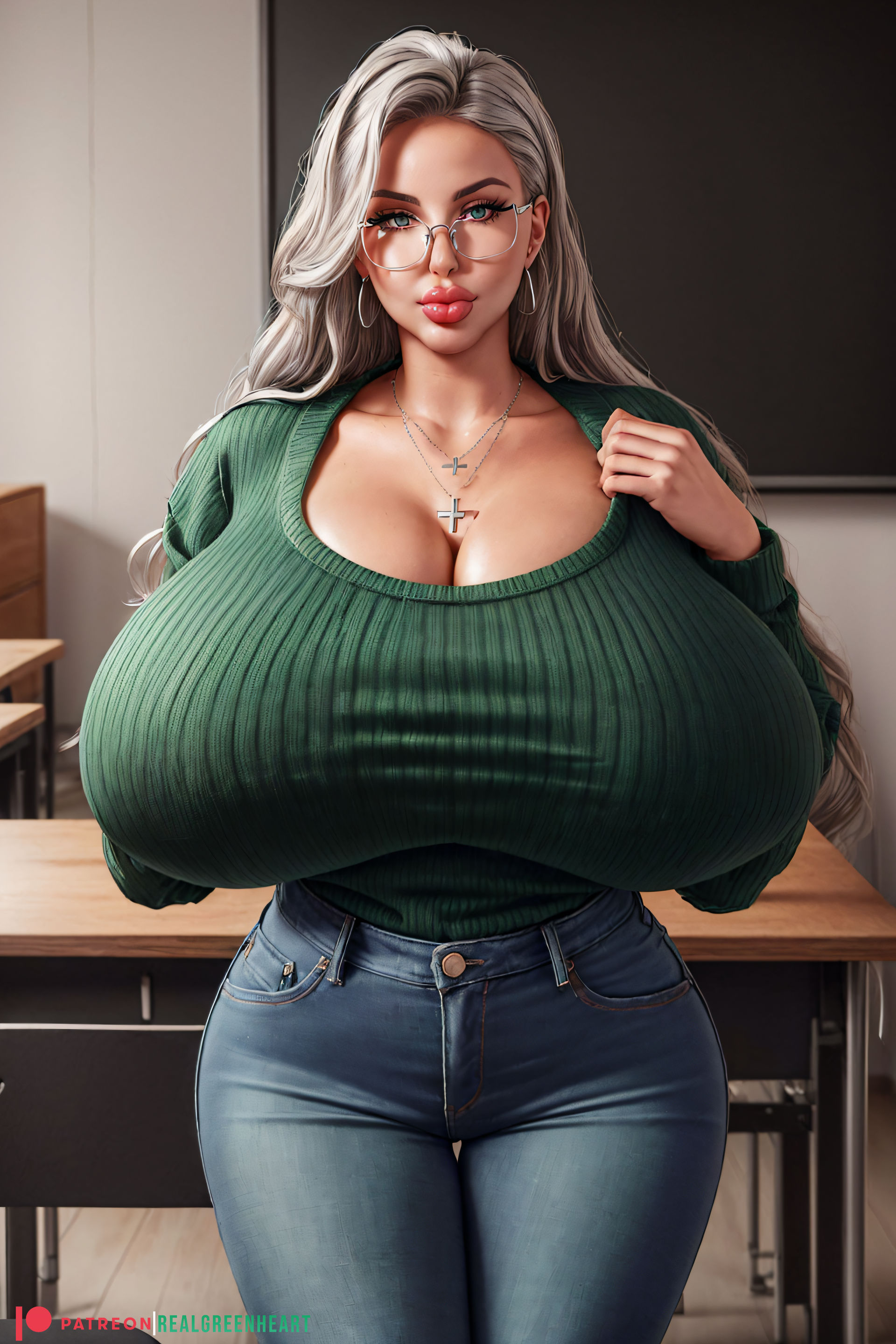1girls, ai generated, artist name, ass, big ass, big breasts, bimbo, bimbo body, bimbo lips, bottom heavy, breasts, bursting breasts, bust, busty, chest, cleavage, crucifix, curvaceous, curvy, curvy figure, digital media (artwork), enormous breasts, eyebrows, eyelashes, eyes, female, female focus, female only, fit, fit female, gigantic breasts, grey hair, hair, hips, hourglass figure, huge ass, huge breasts, human, hyper breasts, large ass, large breasts, legs, light skin, light-skinned female, lips, massive breasts, mature, mature female, original, original character, overflowing breasts, realgreenheart, round breasts, silver hair, slim, slim waist, stable diffusion, teacher, thick, thick ass, thick hips, thick legs, thick lips, thick thighs, thighs, top heavy, top heavy breasts, upper body, voluptuous, voluptuous female, waist, watermark, white hair, wide hips