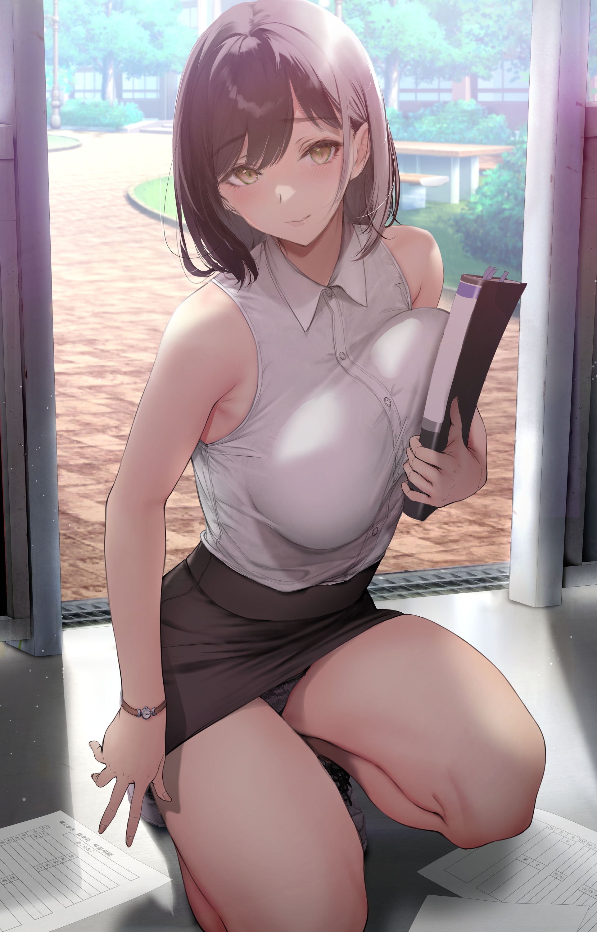 1girls, bare arms, bare shoulders, black panties, black skirt, blush, breasts, brown hair, collared shirt, female, female focus, female teacher, gentsuki, highres, kneeling, large breasts, looking at viewer, mature female, original, original character, panties, shirt, skirt, sleeveless shirt, smile, thighs, underwear, white shirt, wristwatch, yellow eyes