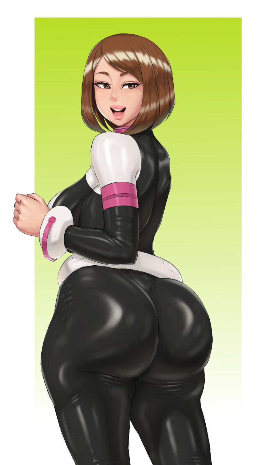1girls, abyssdagon, ass, big ass, big butt, bodysuit, boku no hero academia, brown eyebrows, brown eyes, brown hair, female, green background, hero outfit (mha), huge ass, huge butt, light skin, light-skinned female, looking back, mouth open, my hero academia, ochako uraraka, ochako uraraka (hero outfit), seducing, seductive, seductive eyes, seductive look, seductive mouth, seductive pose, seductive smile, shiny, shiny clothes, simple background, solo, thick, thick ass, thick hips, thick legs, thick thighs, tight clothes, tight clothing, tight fit, uraraka ochako, uraraka ochako (hero outfit), white background