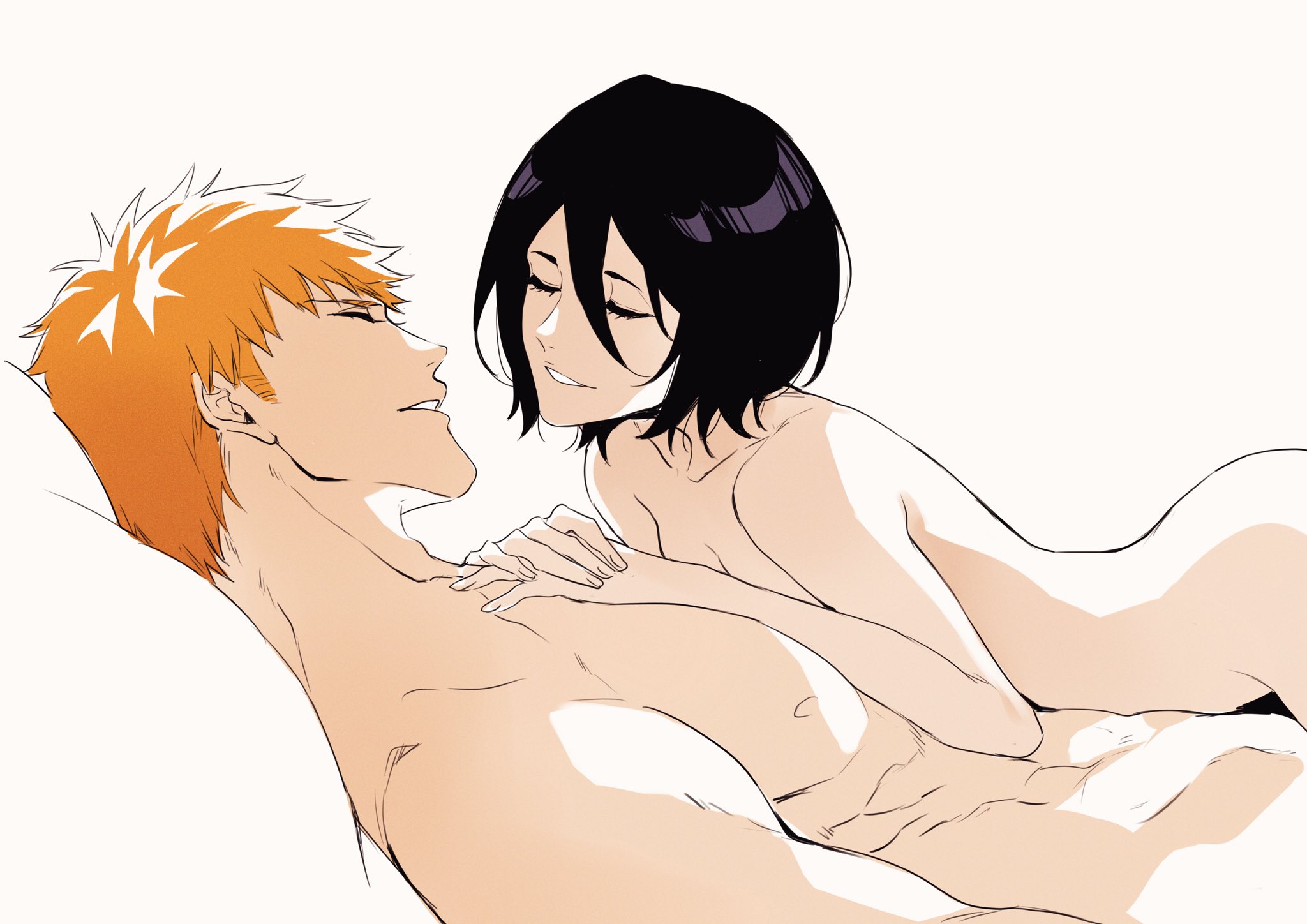 1boy, 1girls, ass, bleach, closed eyes, female, ichigo kurosaki, kuchiki rukia, male, nude, on bed