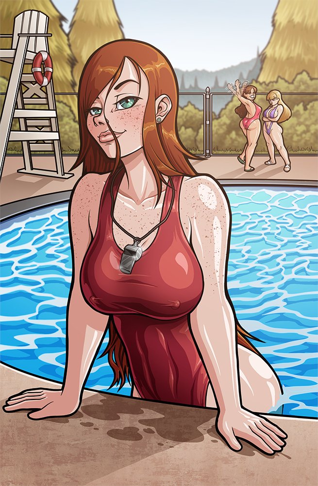 athletic athletic_female big_breasts blonde_hair breasts brown_hair busty clothing disney disney_channel earrings female female_focus female_only freckles gravity_falls green_eyes hourglass_figure human long_hair mabel_pines neckwear pacifica_northwest pale_skin pinup pinup_pose pool poolside public red_hair straight_hair swimwear tagme trpxart wendy_corduroy wide_hips