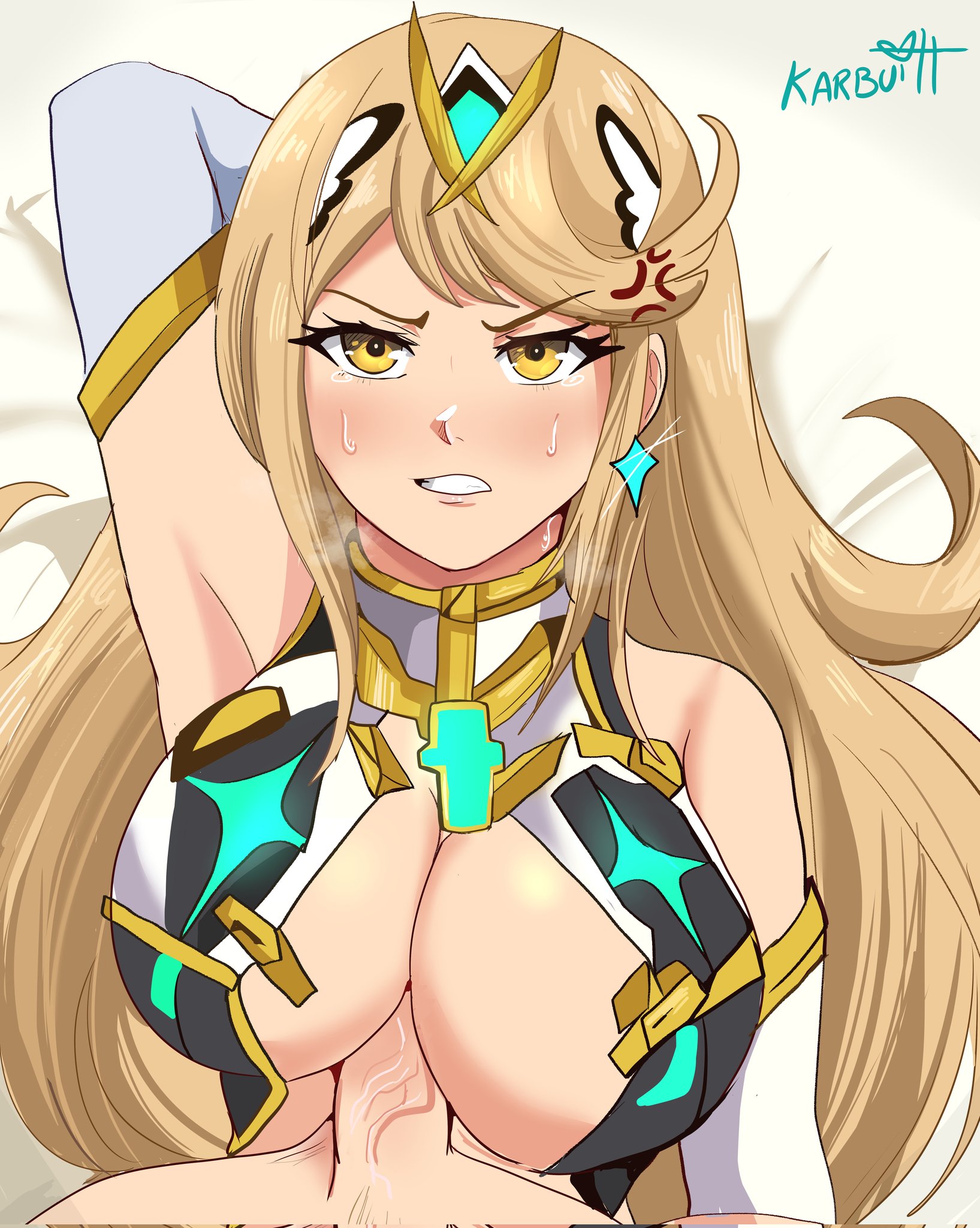 1boy, 1girls, 2022, anger vein, angry, angry face, arm behind head, blonde hair, blush, breasts, female, female focus, hi res, karbuitt, long hair, male, mythra, nintendo, paizuri, penis, titfuck under clothes, titjob, xenoblade (series), xenoblade chronicles 2, yellow eyes