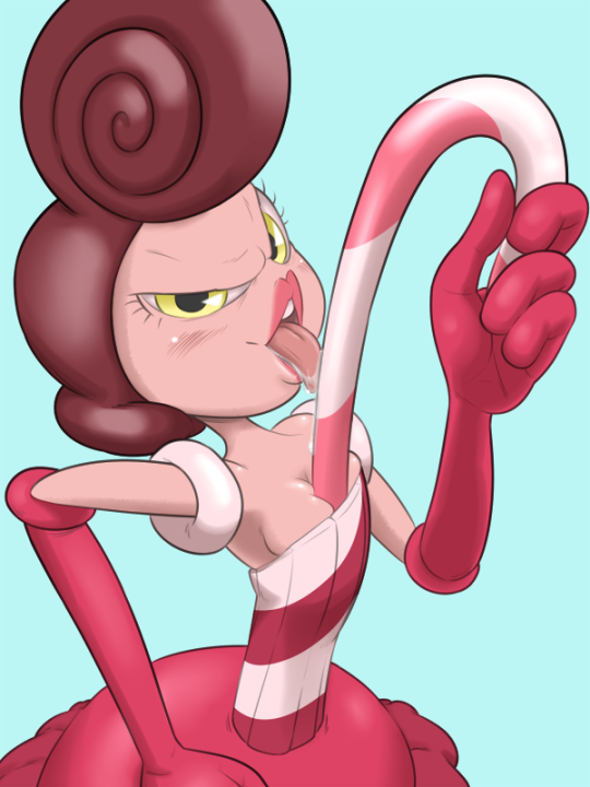 1girls baroness_von_bon_bon blush breasts candy_cane cuphead_(game) drawbutts licking object_between_breasts paizuri pink_skin