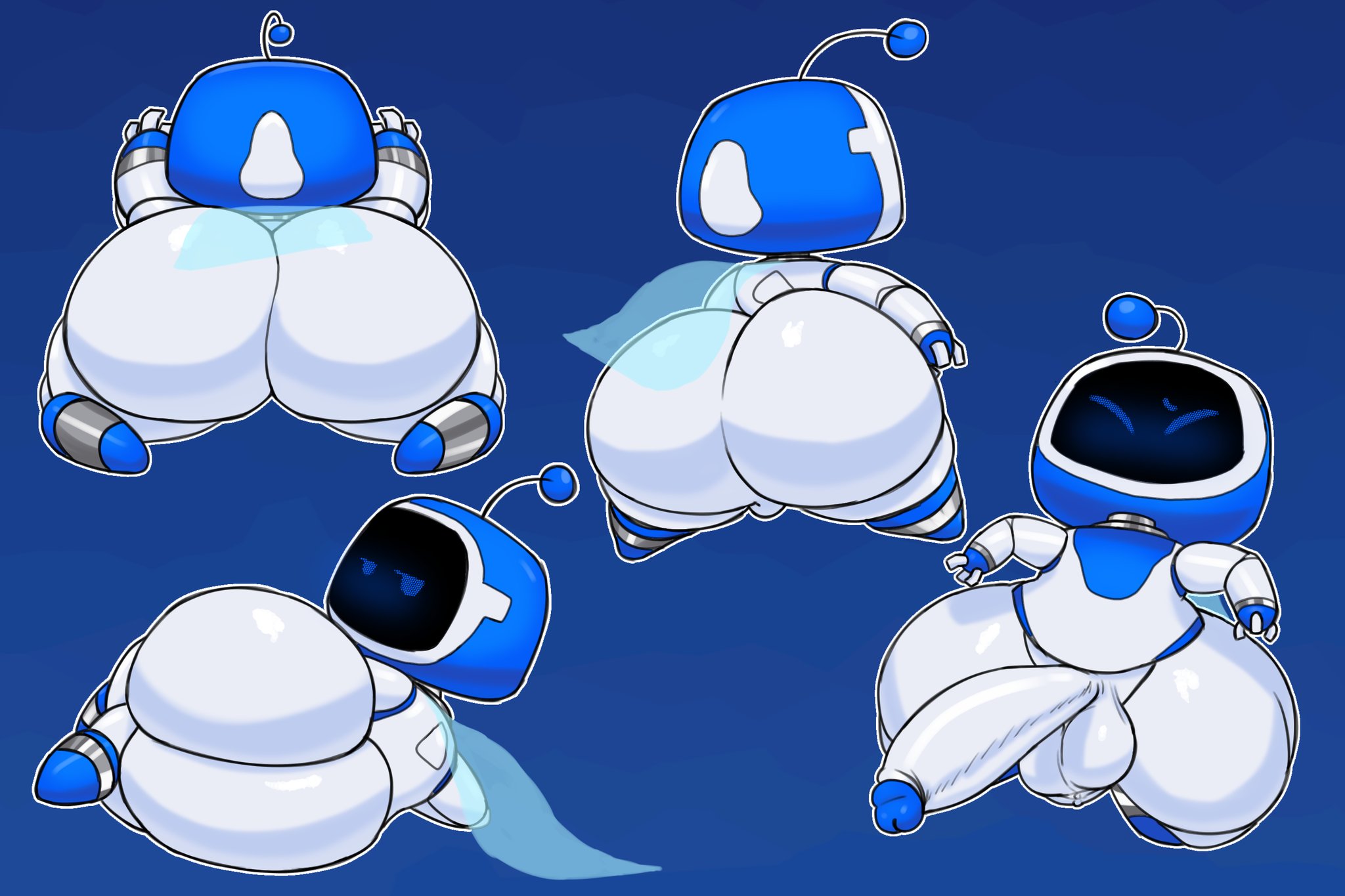 1boy, antennae, ass, astro bot, astro bot (series), axoarts, balls, big ass, big butt, blue eyes, bubble ass, bubble butt, cape, fat ass, fat butt, huge ass, huge butt, laying down, looking at viewer, looking back, looking back at viewer, male, male only, penis, playstation, robot, shortstack, solo, sony interactive entertainment, thick ass, thick butt
