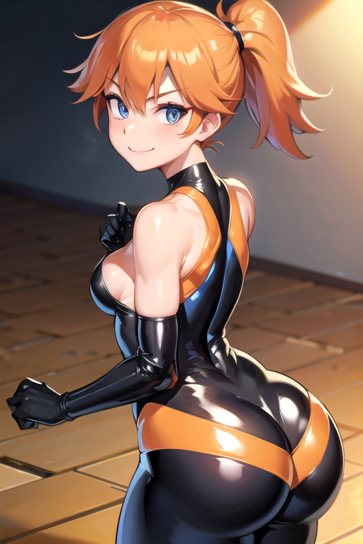 1girls ai_generated ass black_bodysuit blue_eyes bodysuit breasts bubble cameltoe cowboy_shot eyebrows female female_only horny kasumi_(pokemon) latex looking_at_viewer looking_back misty_(pokemon) petite pokemon ponytail round seductive_look seductive_smile shiny_clothes smiling_at_viewer solo undercut