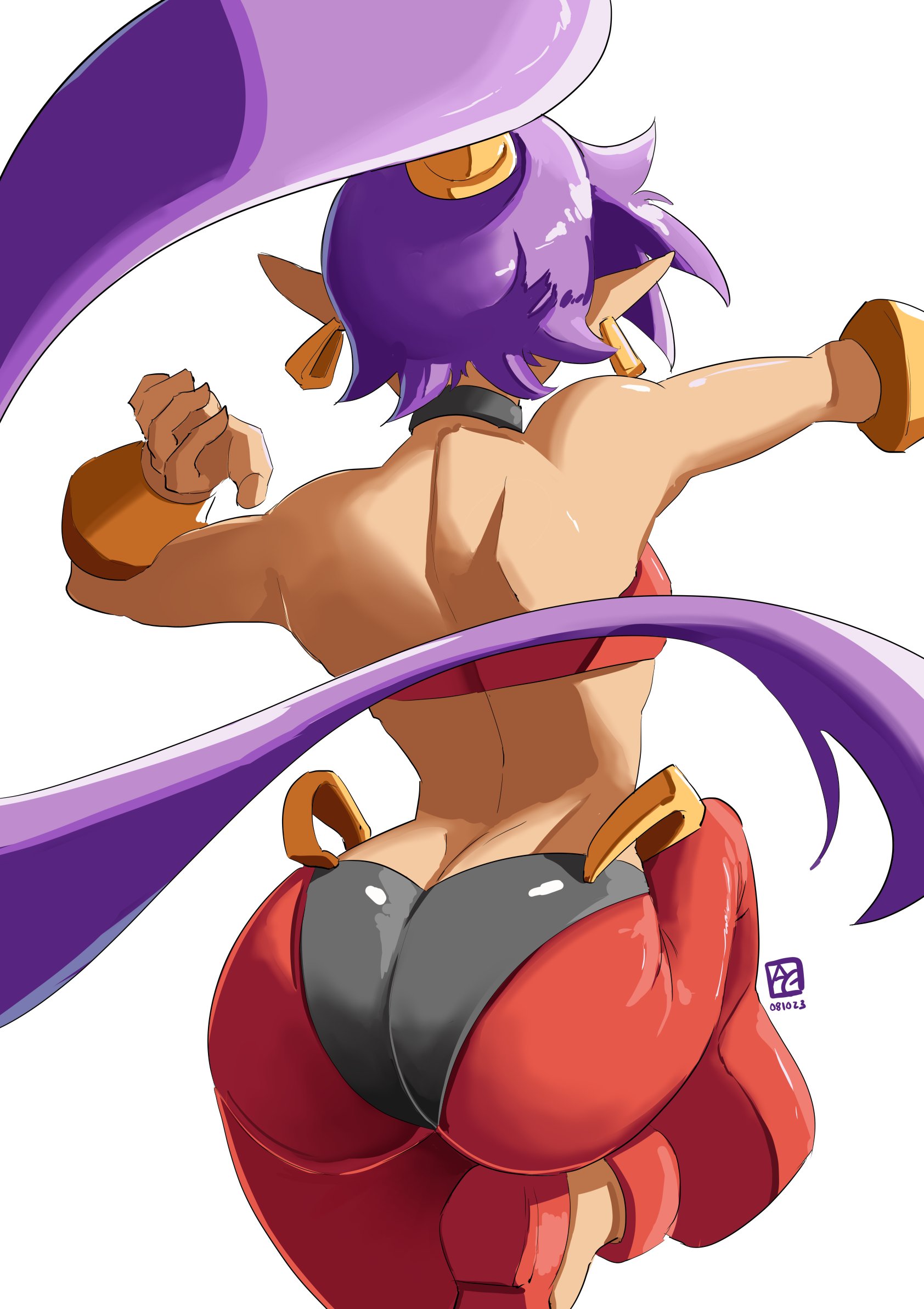 1girls, ass, ass focus, automatic giraffe, bracelet, bracelets, bubble ass, bubble butt, clothed, collar, color, earrings, facing away from viewer, female, female only, genie, one leg up, pointy ears, ponytail, purple hair, shantae, shantae (character), tanned, viewed from behind, white background