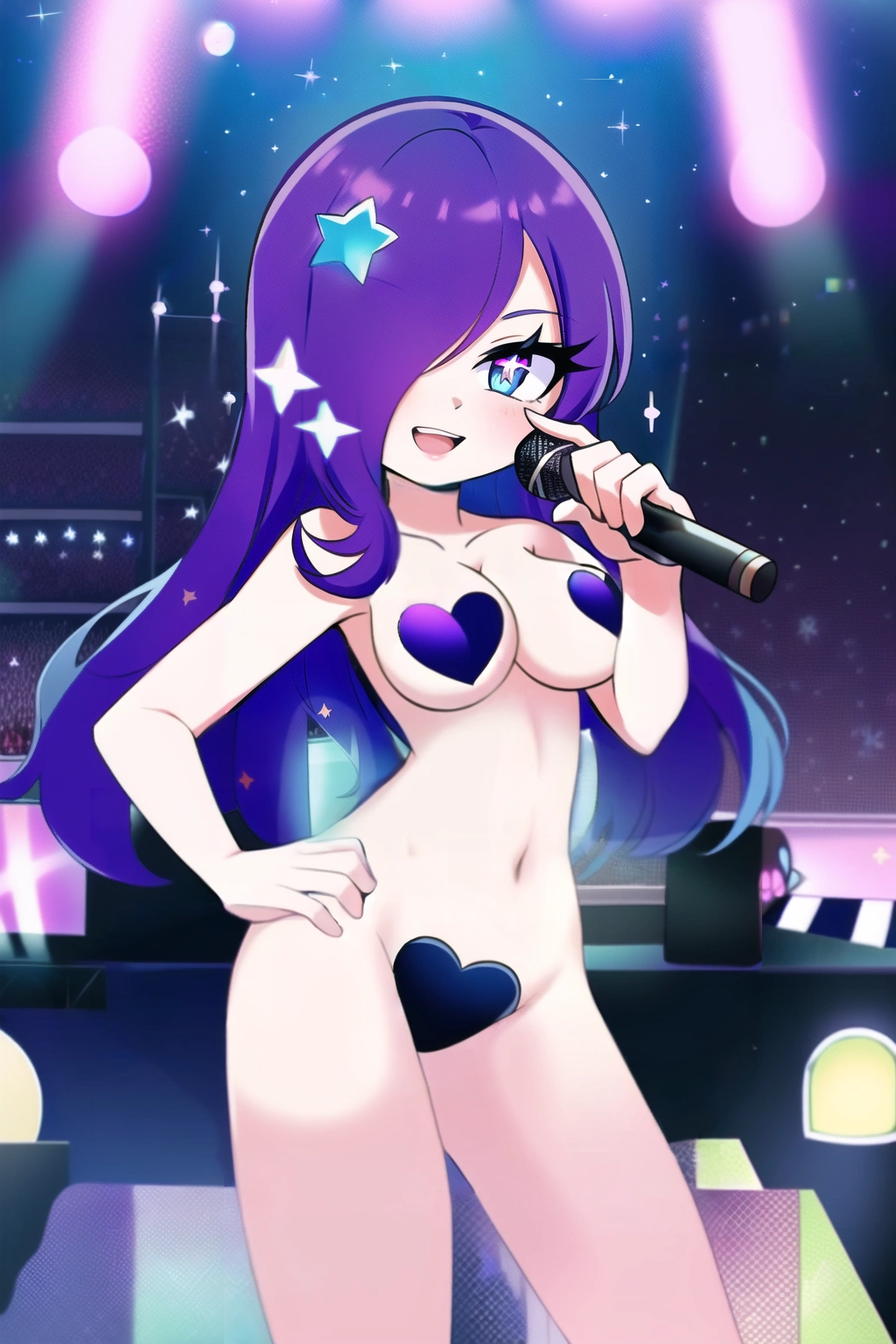 ai_generated bare_shoulders black_thighhighs blue_eyes blush breasts covered_nipples covered_pussy covered_vagina female hair_ornament hair_over_one_eye hand_on_hip heart holding holding_microphone idol long_hair looking_at_viewer medium_breasts microphone nsfw_version_available open_mouth original_character purple_hair purple_skirt questionable questionable_consent sfw_version_available smile solo stage stage_lights star_(symbol) star_hair_ornament tayasse_uco