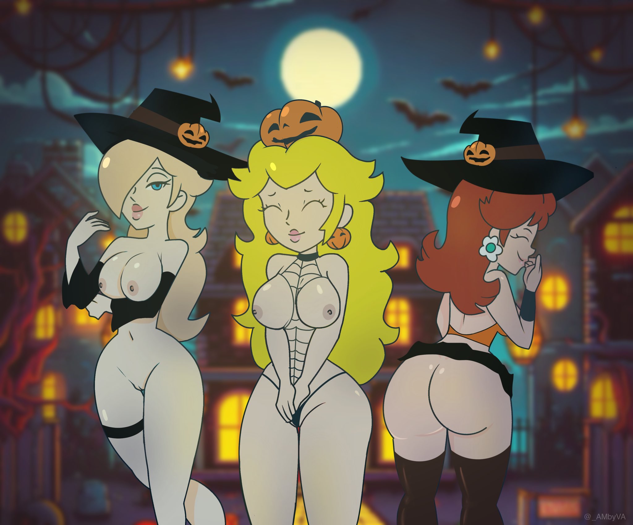 3girls, ambyva, ass, breasts, clothing, female, halloween, mario (series), medium breasts, multiple females, multiple girls, princess daisy, princess peach, princess rosalina, public nudity, pumpkin, pussy, skirt, stockings, witch hat