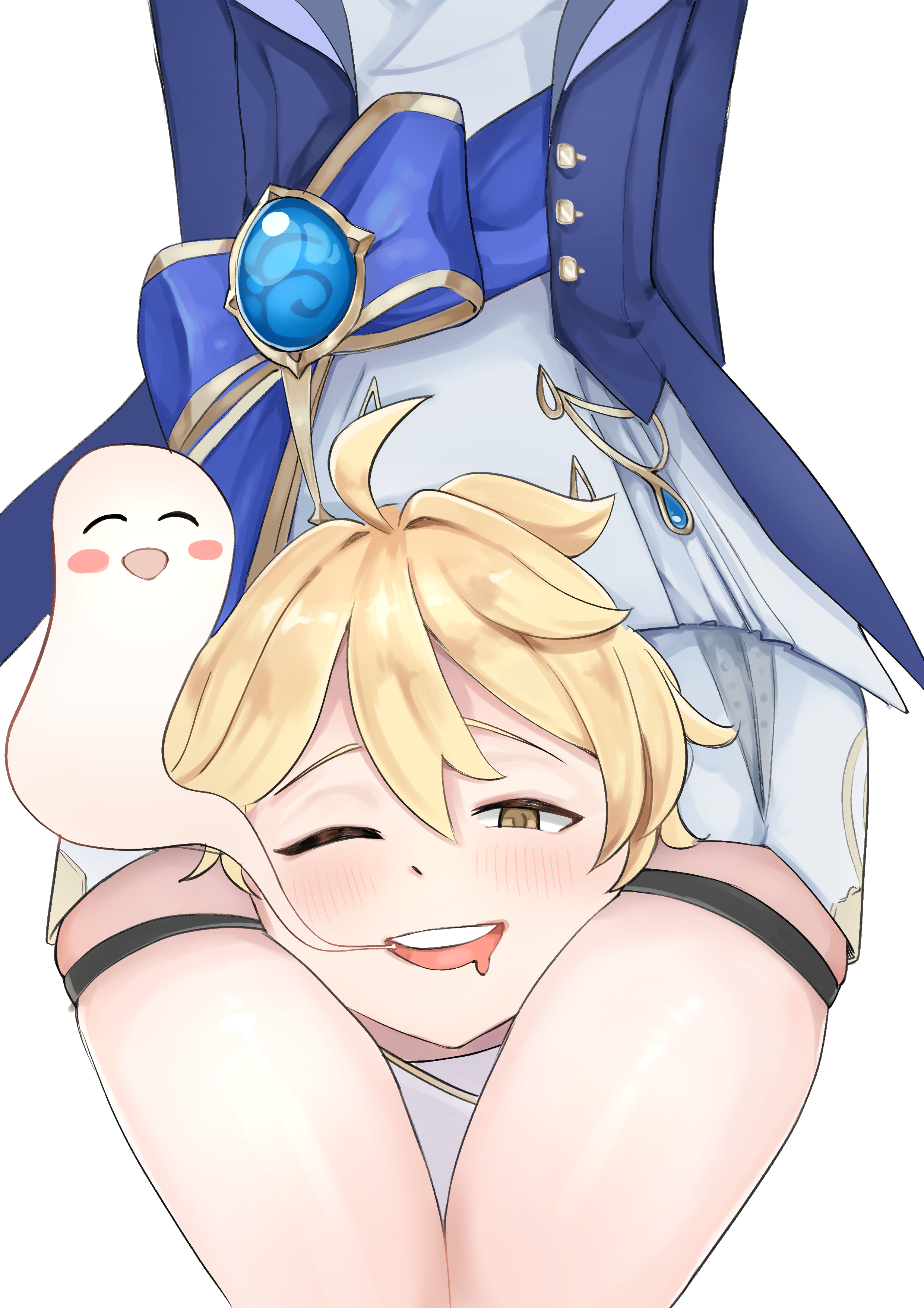 1boy, 1girls, aether (genshin impact), blonde hair, color, drawing, female, furina (genshin impact), genshin impact, head between thighs, long hair, male, mihoyo, pleasure face, straight, suffocation, thick thighs