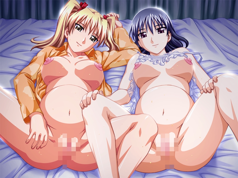 2girls bed breasts censored female gentle_sasaki kirimura_youko multiple_girls nanjou_chizuru oshikake_scramble pregnant spread_legs tagme take_your_pick yuri