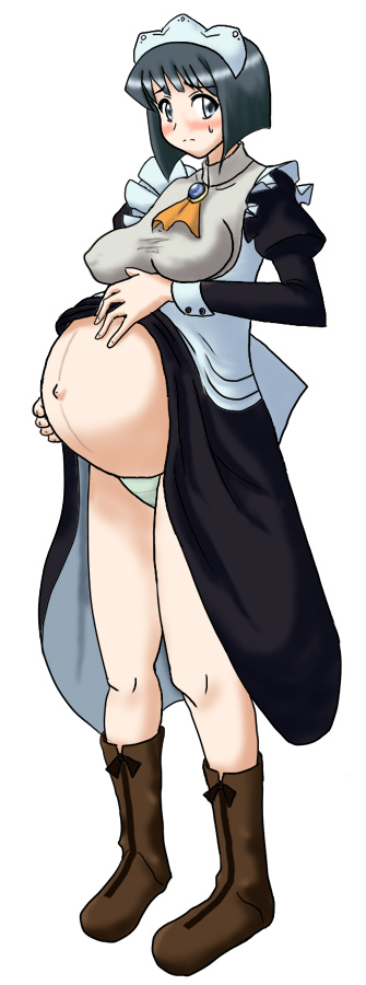 artist_request blush clothed clothing embarrassed exposed_belly female hand_on_belly large_breasts maid nipple_bulge outie_navel panties popped_navel pregnant siesta tagme the_familiar_of_zero zero_no_tsukaima