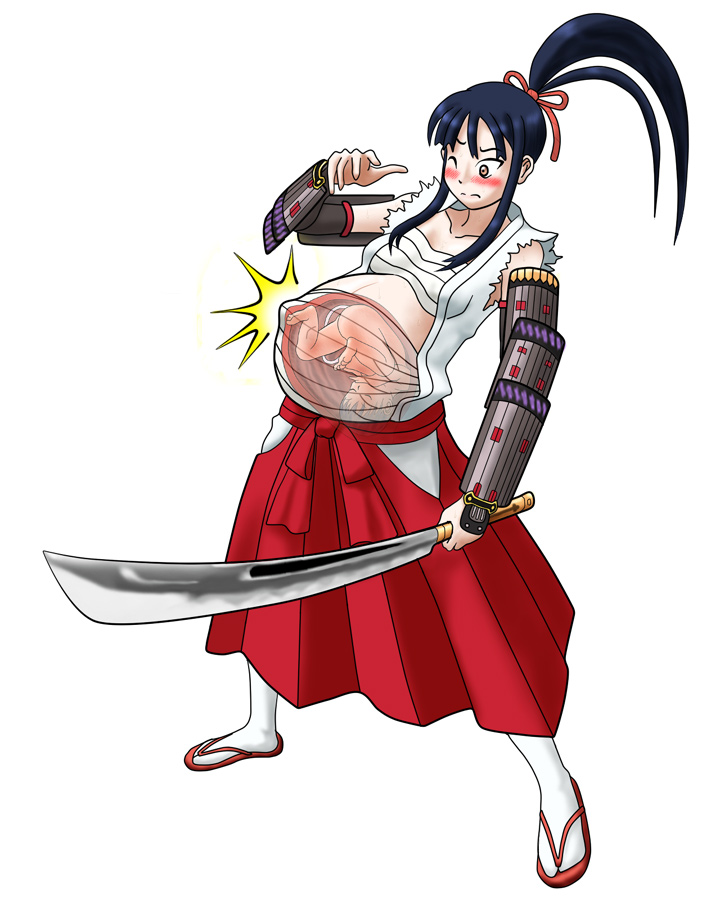 1girls artist_request baby_kicking bandaged_chest bandages black_hair blush brown_eyes character_request clothing copyright_request female fetal_kick fetal_movement fetus kicking_(pregnancy) long_hair long_skirt muimui ninja one_eye_closed pregnant readingmeout1 red_skirt skirt spread_legs standing sword umbilical_cord uterus x-ray