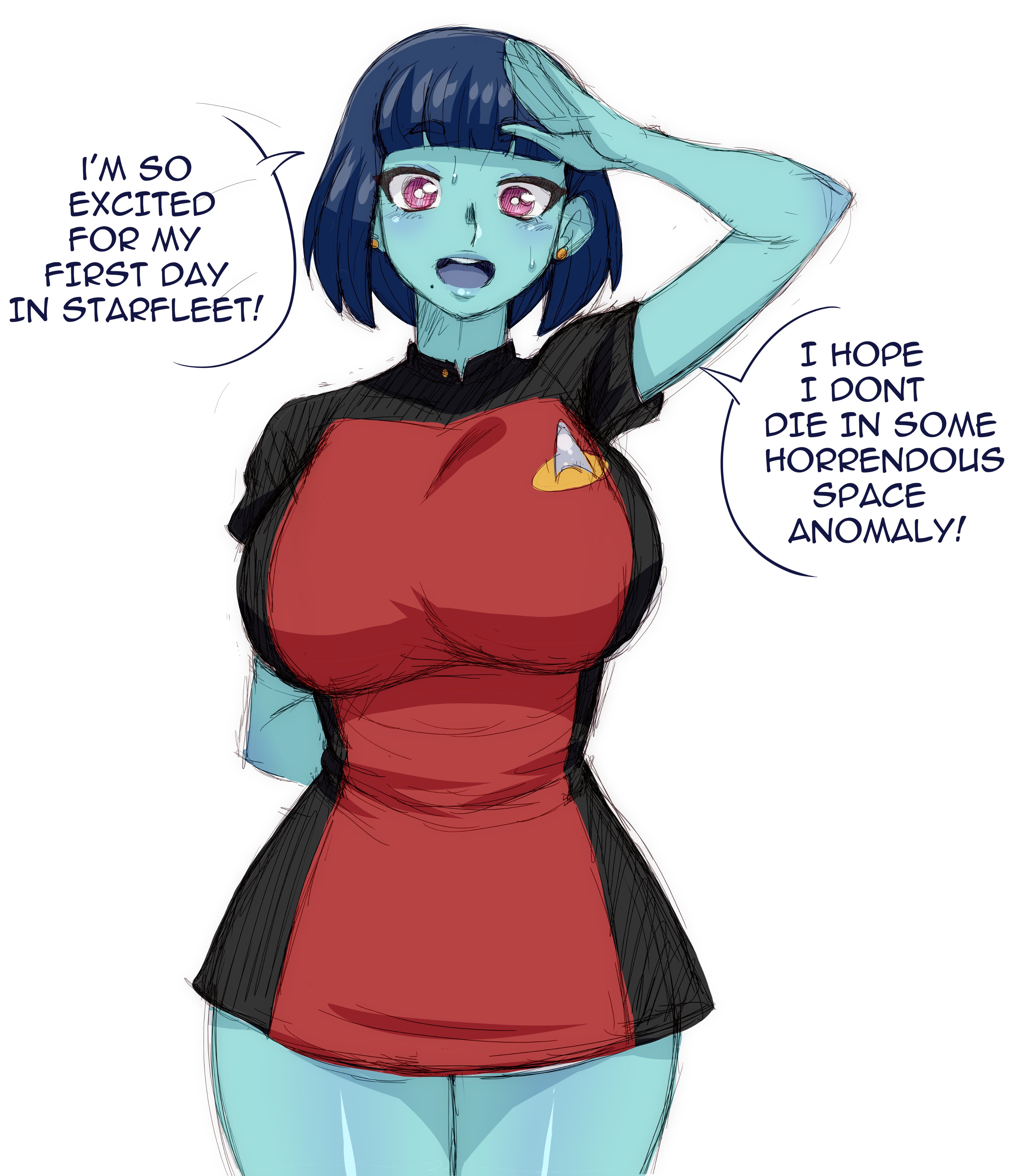 1girls, 2d, absurd res, big breasts, blue body, blue hair, blue skin, bodily fluids, breasts, character request, clothing, ear piercing, ear ring, english text, female, female only, hair, hi res, human, humanoid, large breasts, mammal, mole under mouth, open mouth, piercing, pink eyes, ring piercing, short hair, simmsy, simmsyboy, simple background, solo, solo female, speech bubble, star trek, starfleet insignia, starfleet uniform, sweat, text, uniform