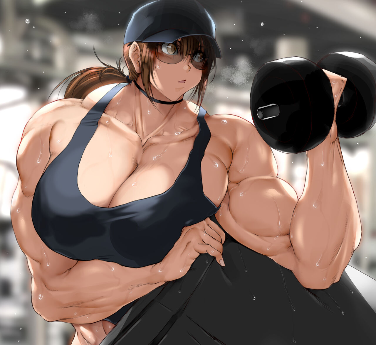 amazon big_breasts breasts extreme_muscles glasses hat huge_breasts jin-jin muscular_female sweat tagme weightlifting