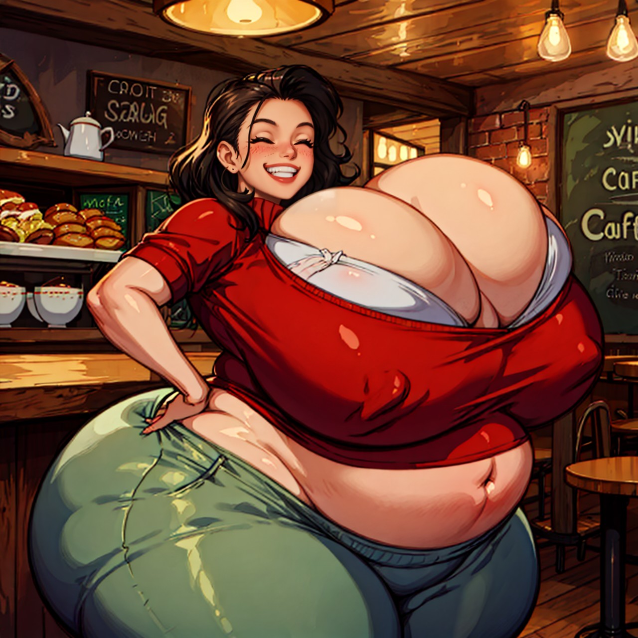 ai generated, ass, bbw, big ass, big belly, big breasts, big butt, breasts, brown hair, female, happy, happy female, huge ass, huge belly, huge breasts, huge butt, huge thighs, overweight, overweight female, tight clothing, voluptuous, voluptuous female, weight conscious, weight gain