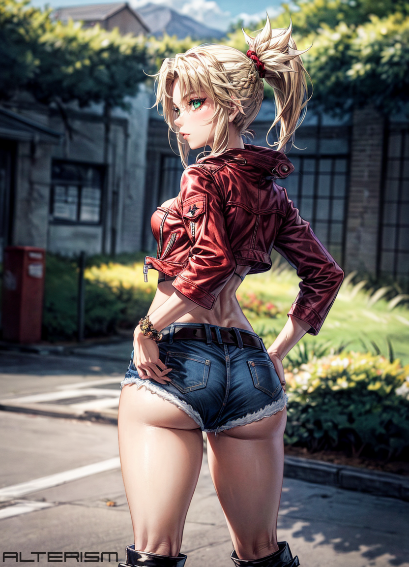 1girls ai_generated alterism alternate_costume ass bandeau blonde_hair braided_hair cropped_jacket denim_shorts fate/apocrypha fate/grand_order fate_(series) from_behind green_eyes looking_back minishorts mordred_(fate) outside ponytail small_breasts solo stable_diffusion standing thick_thighs