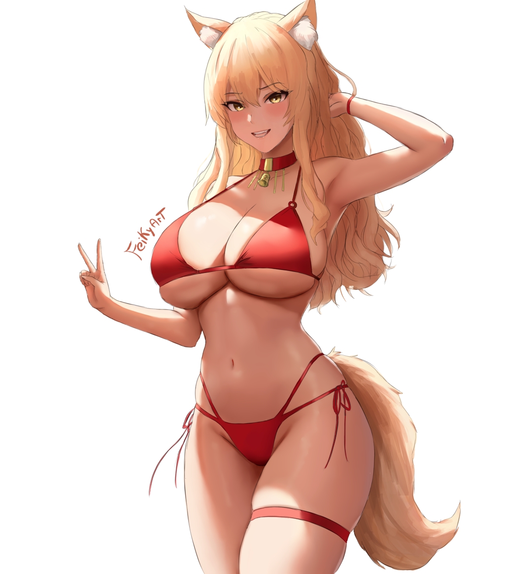 1girls, alternate breast size, big breasts, bikini, blonde hair, breasts, fate (series), fate/grand order, feikyart, female, fox ears, fox girl, huge breasts, kitsune, large breasts, light skin, light-skinned female, long hair, peace sign, simple background, smile, solo, suzuka gozen (fate), swimsuit