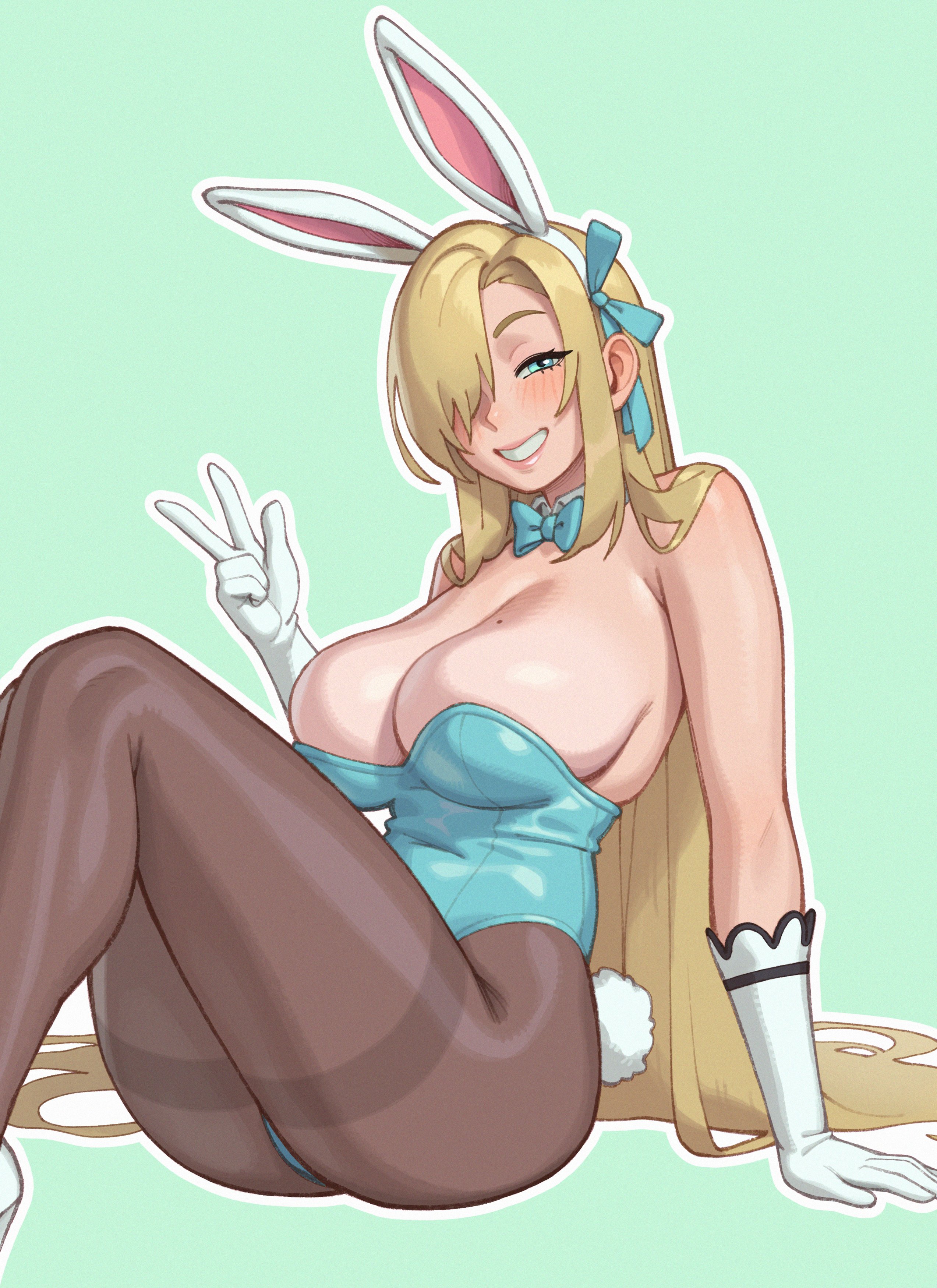 1girls, 2023, asuna (blue archive), asuna (bunny) (blue archive), blonde hair, blue archive, blue eyes, breasts, bunny ears, bunny girl, female, hair over one eye, highleg leotard, large breasts, leotard, light skin, light-skinned female, long hair, millennium science school student, rizdraws, smile, thick thighs
