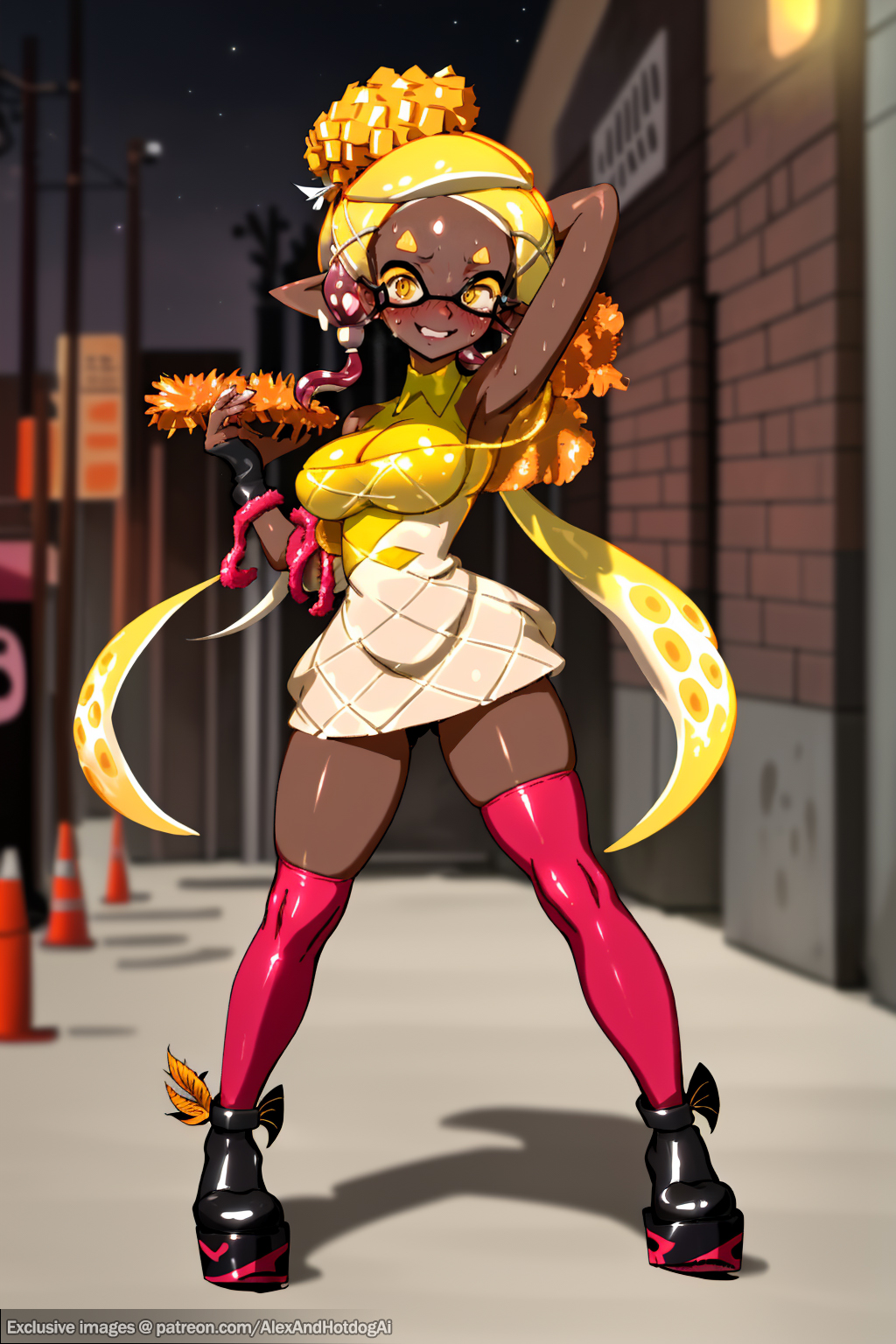 absolute_territory ai_generated alexandhotdogai arms_up blush boa city dark-skinned_female dark_skin deep_cut_(splatoon) embarrassed frye_(splatoon) fur huge_breasts inkling inkling_girl octoling octoling_girl platform_heels short_dress smile smiling splatoon splatoon_3 stable_diffusion stockings street sweating tan_skin tentacle_hair thick_thighs thigh_socks thighhighs unusual_pupils yellow_eyes yellow_hair