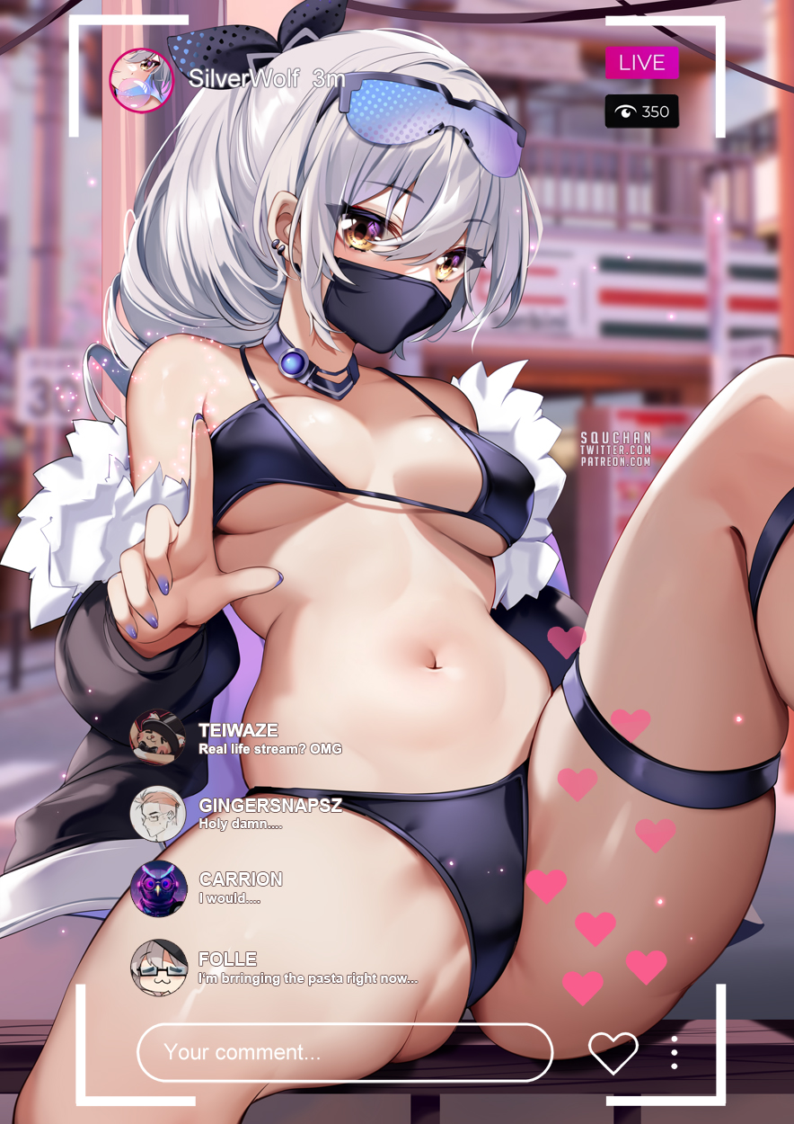 1girls ass bikini bikini_top blue_nails breasts eyewear_on_head female honkai:_star_rail honkai_(series) light-skinned_female light_skin livestream mask medium_breasts nail_polish silver_wolf_(honkai:_star_rail) sitting solo spread_legs squchan stream_chat stream_ui sunglasses sunglasses_on_head thighs white_hair