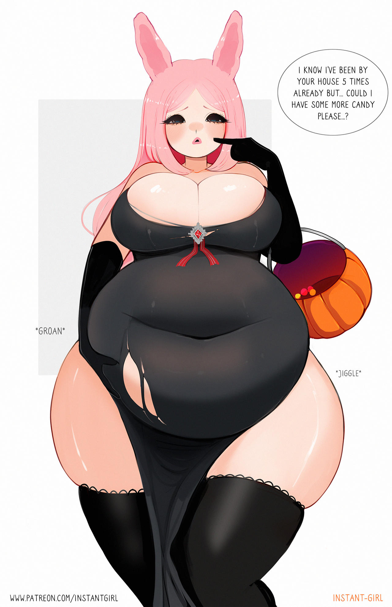 ass, bbw, belly grab, big ass, big belly, big breasts, big butt, breasts, brown eyes, bunny ears, curvy, fat, female, halloween, huge belly, iggy (instant girl), instant girl, overweight female, pink hair, ripped clothing, suggestive, thick, thick ass, thick legs, thick thighs, thighhighs, vampire girl