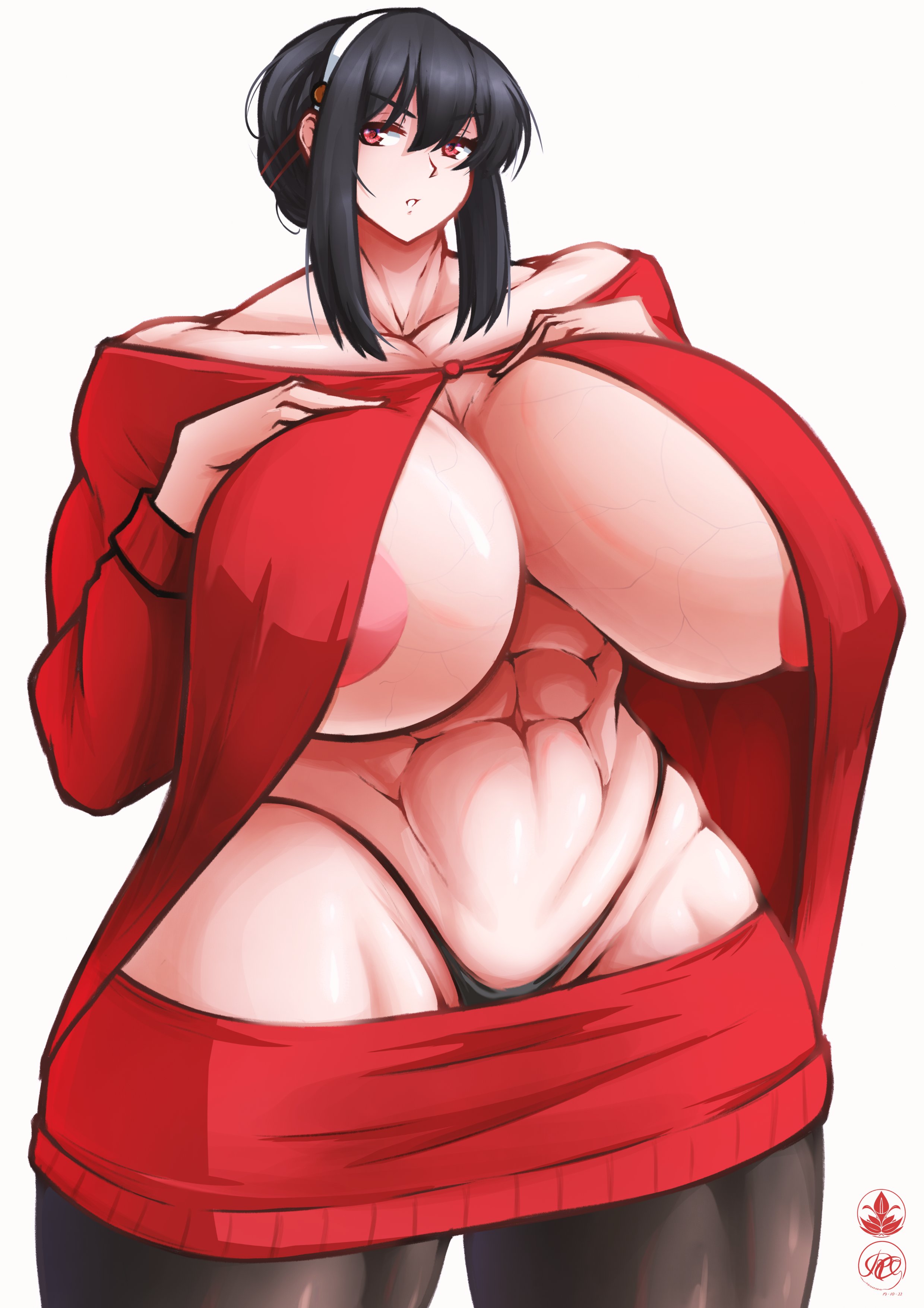 abs, breasts, cleavage, female, hyper breasts, milf, muscular, muscular female, nipple slip, roneesan, spy x family, yor briar