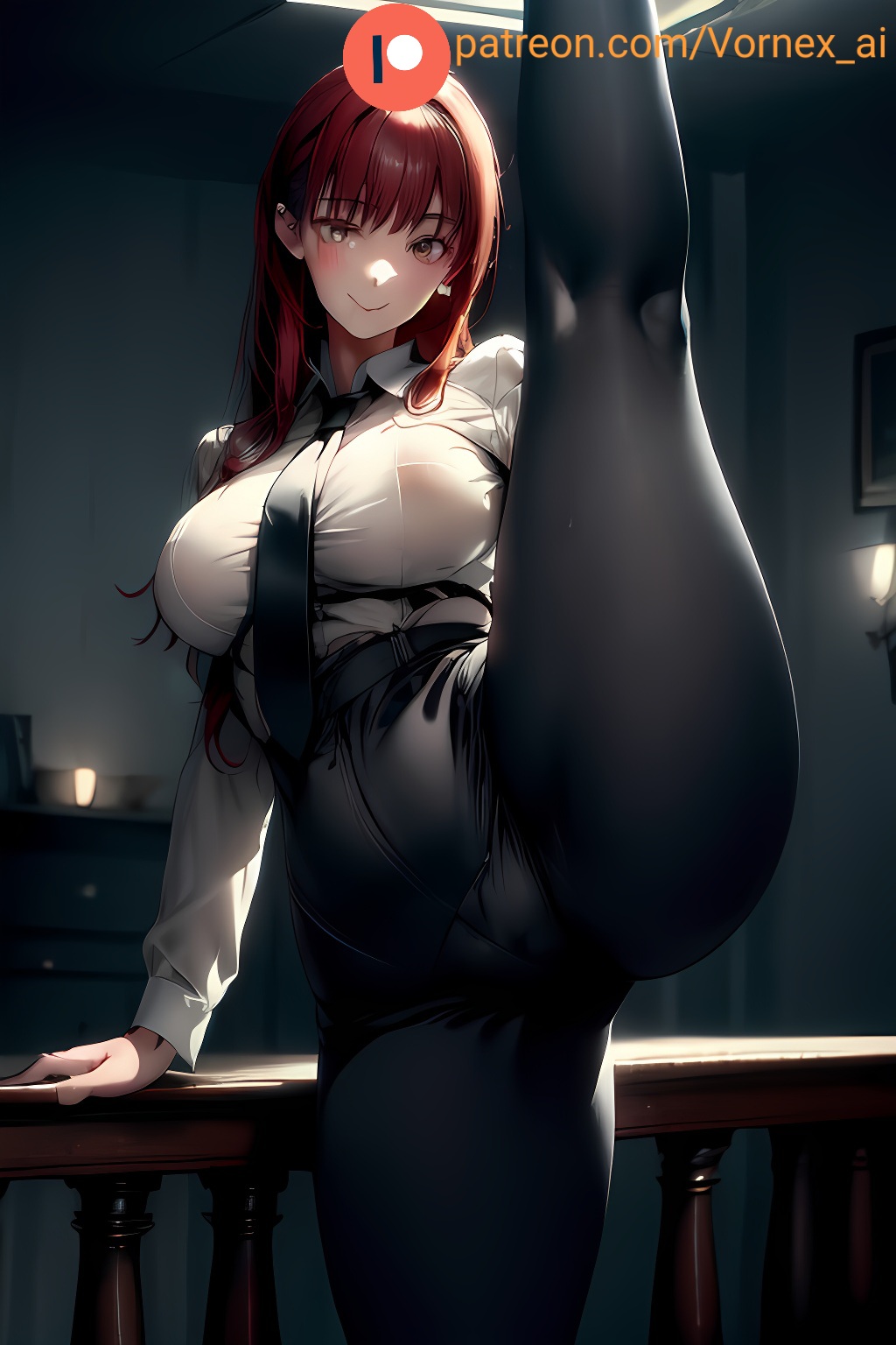 1girls, ai generated, big breasts, breasts, chainsaw man, curvy, female, makima (chainsaw man), office lady, one leg up, red hair, smile, smiling, standing, vornex ai