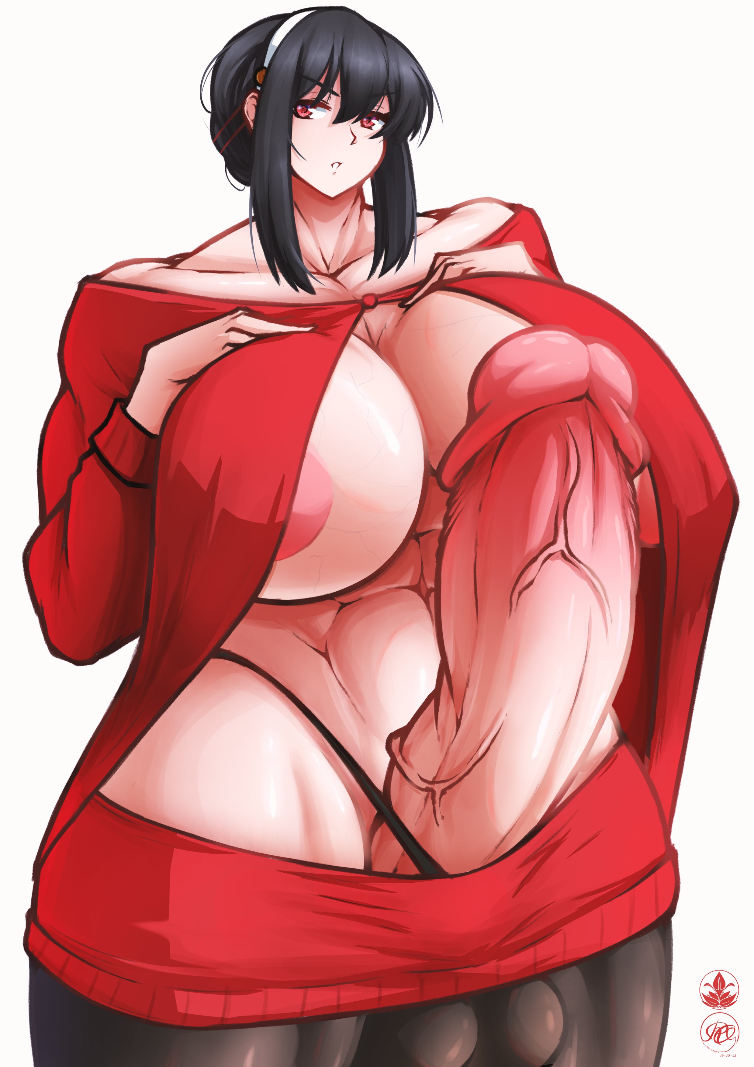 1futa, abs, areolae, balls, black hair, breasts, cleavage, clothed, clothing, erection, female, futa only, futanari, huge breasts, huge cock, human, intersex, light skin, light-skinned futa, milf, mostly clothed, muscular, muscular futa, nipple slip, penis, roneesan, short hair, solo, spy x family, standing, yor briar, yor forger