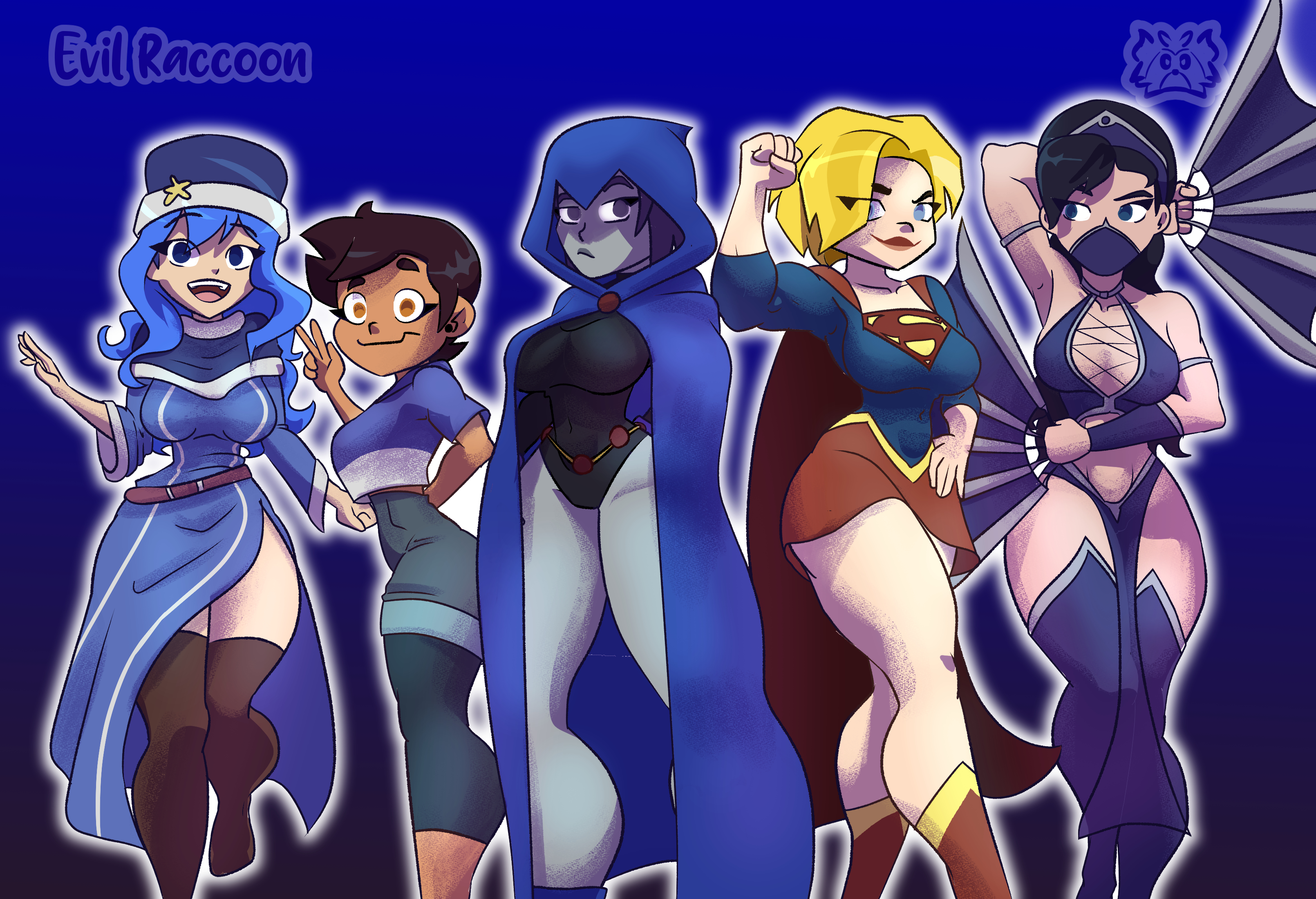 5girls, anime style, ass, big ass, big breasts, blue eyes, blue hair, breasts, cape, crossover, dark skin, dark-skinned female, dc, dc comics, dc super hero girls, evil raccoon, fairy tail, female, female only, gold eyes, grey skin, happy female, hat, juvia lockser, kara danvers, kara zor-el, karen starr, kitana, latina, leotard, long hair, luz noceda, mortal kombat, multiple females, multiple girls, purple eyes, purple hair, raven (dc), short hair, shorts, supergirl, superhero, superheroine, superman (series), teen titans, the owl house, thick ass, thick thighs, thigh highs, thighhighs, thighs, tight clothing, trait connection, unhappy female, video games, white skin