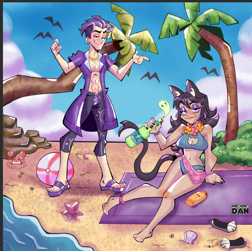 1boy 1boy1girl 1girls abs alcohol bare_legs bare_shoulders bare_thighs barefoot beach bikini black_hair boob_window cat_ears cat_tail catgirl crab dbd dead_by_daylight drinking looking_at_viewer neko palm_tree purple_eyes streamer tan-skinned_female tan_body tan_skin thatspookynekogirl the_trickster twitch two_piece_swimsuit virtual_youtuber vtuber