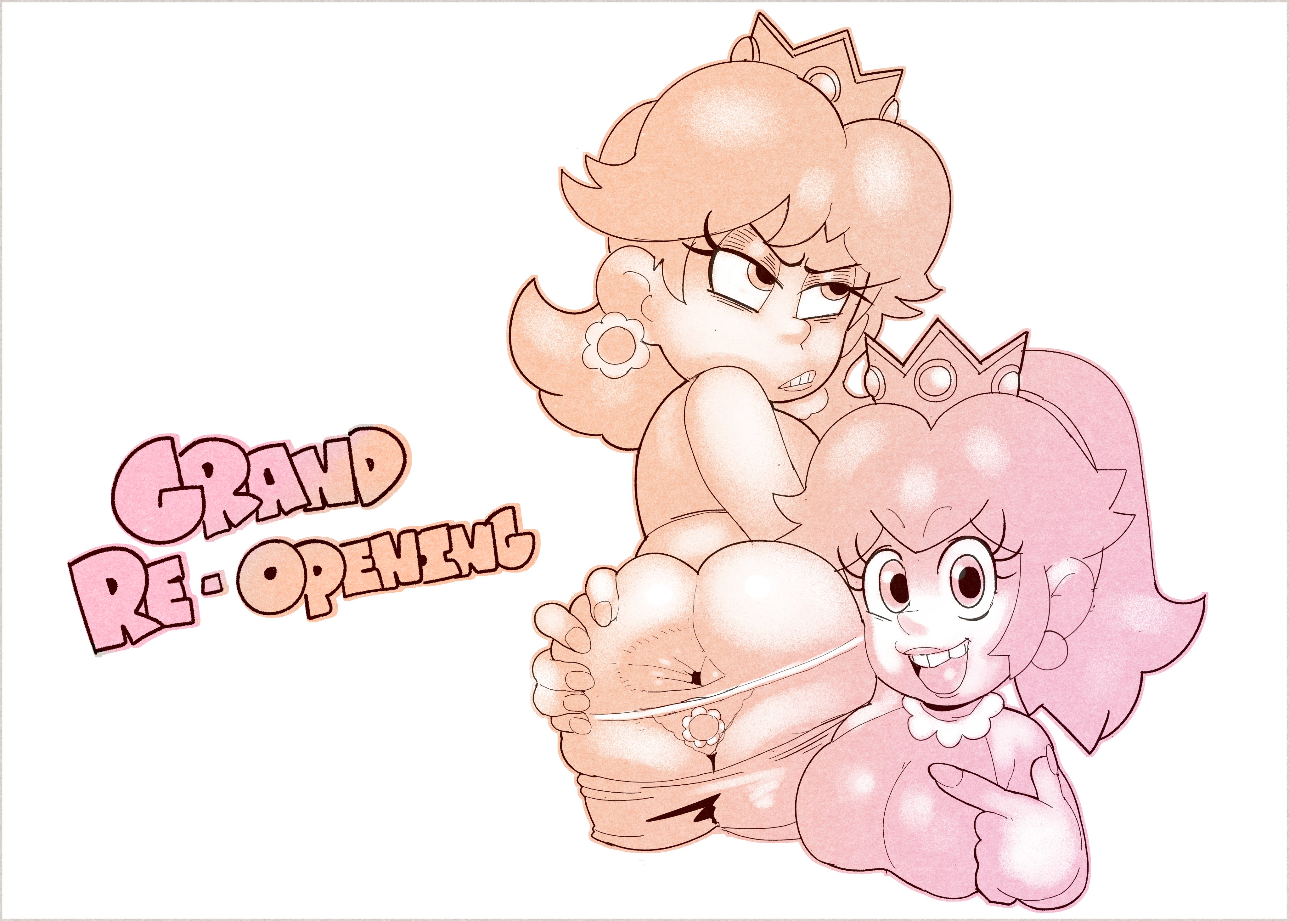 2d, 2girls, absurd res, annoyed, annoyed expression, anus, ass, crown, dogmalord, earrings, english text, female, female only, flower earrings, grabbing, grabbing ass, hand on ass, hand on butt, hi res, mario (series), multiple females, multiple girls, nintendo, open eyes, open mouth, panties, panties down, pants down, pointing, princess, princess daisy, princess peach, smile, spread anus, spread ass, text, white background, yuri