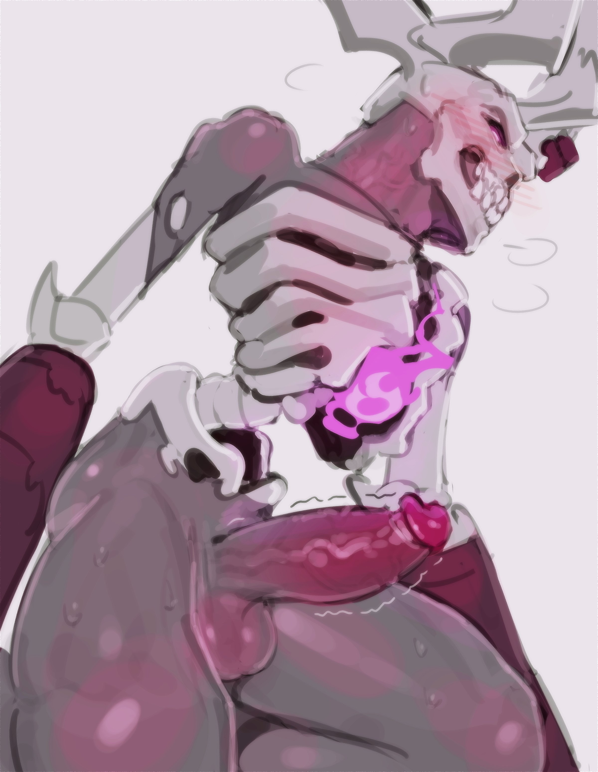 1boy, balls, blush, erection, fangs, gay, hi res, horns, humanoid, kogito, looking at viewer, male, male only, muscular, non-human, nude, omen (paladins), paladins, penis, skeleton, skull head, solo, solo focus