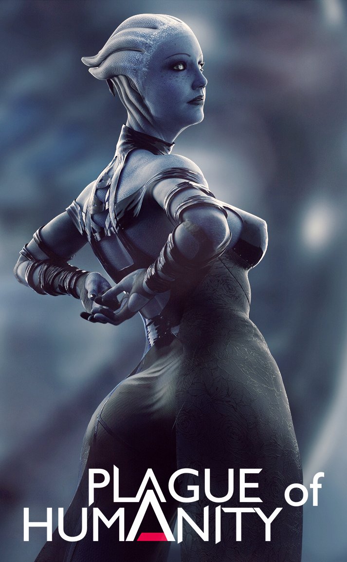 1girls, 3d, 3d (artwork), alien, alien girl, asari, ass, athletic, athletic female, blue skin, breasts, clothing, dress, english text, female, female only, large ass, liara t'soni, mass effect, medium breasts, plague of humanity (artist), solo, text, thighs