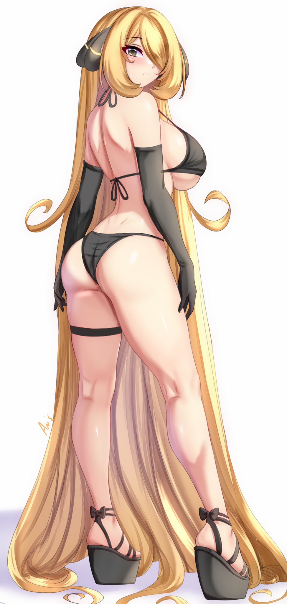 anisdrawn, ass, breasts, cynthia (pokemon), female, female only, large breasts, nintendo, pokemon, sideboob, solo, tagme