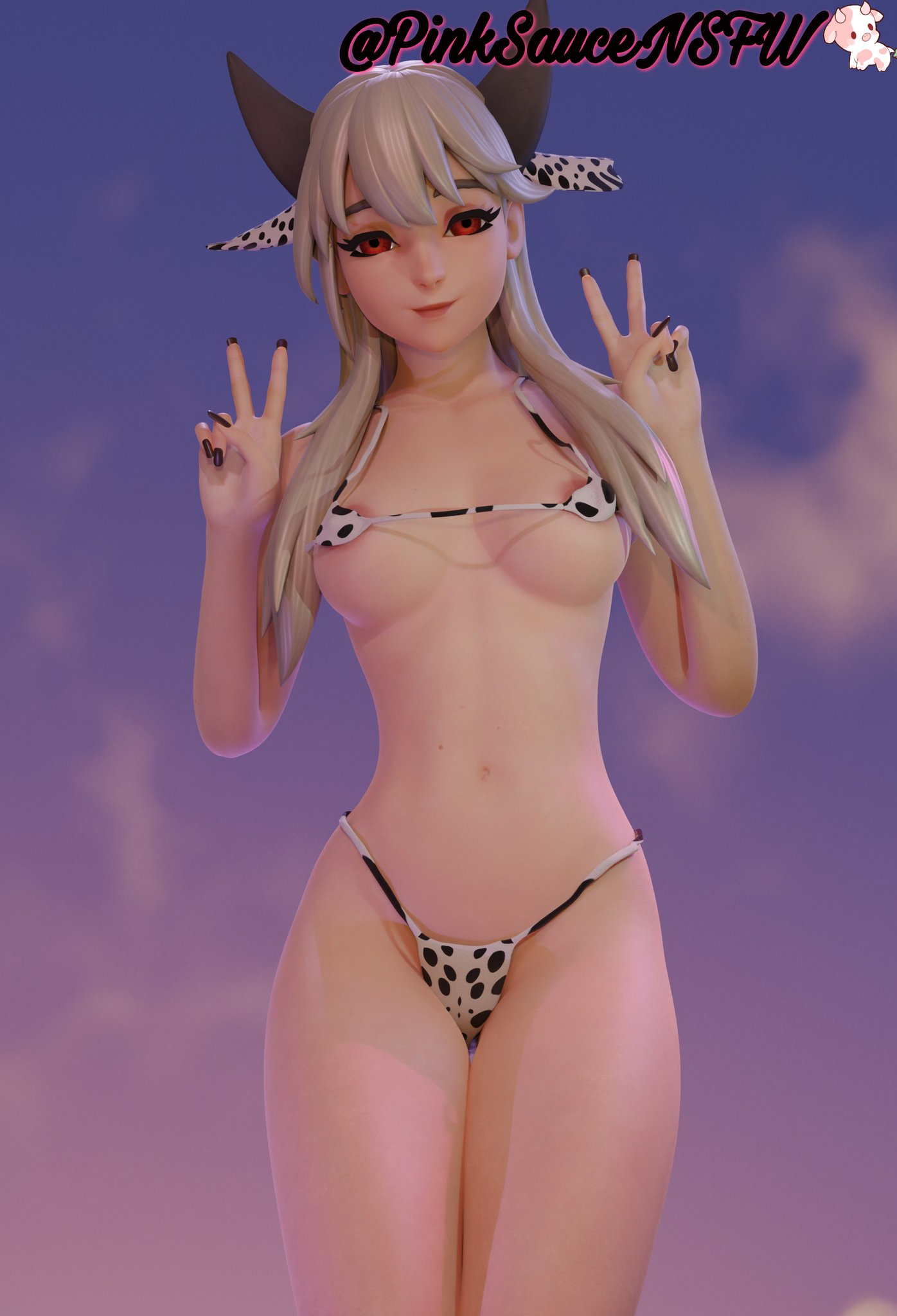 1girls, 3d, 3d (artwork), areolae, arms, arms up, artist name, bare shoulders, belly, belly button, breasts, closed mouth, clothing, covered nipples, cow ears, cow print, cow print bikini, cow print panties, digital media (artwork), exposed breasts, facing viewer, female, female focus, female only, fingernails, fingers, fortnite, front view, hair, hands, hands-free, headband, hips, image, lexa (fortnite), light skin, long hair, looking at viewer, mostly nude, navel, open eyes, partially clothed, peace sign, pinksaucensfw, posing, princess lexa (fortnite), red eyes, shoulders, smile, standing, stomach, string bikini, string panties, thigh gap, thighs, thin waist, v sign, waist, white hair