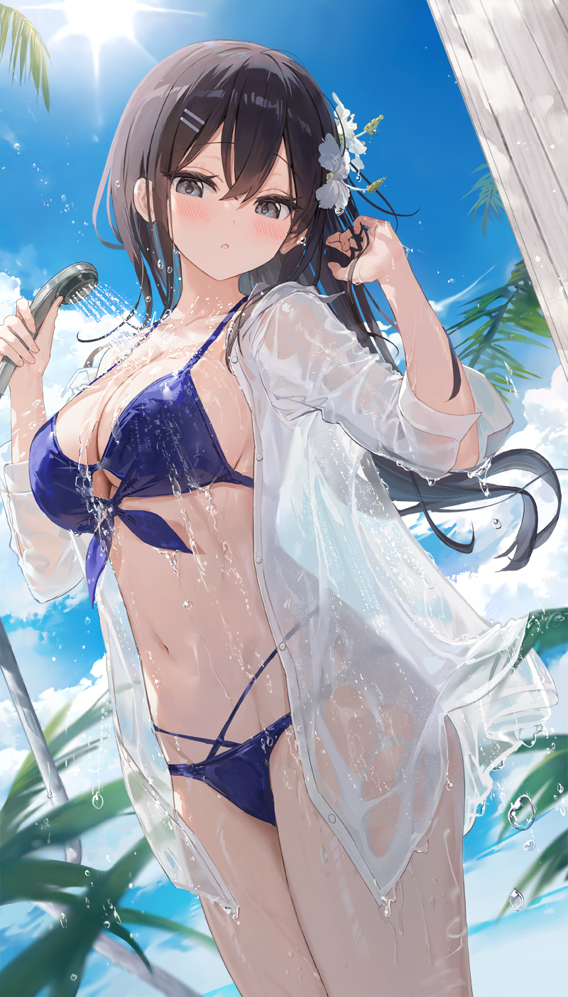 1girls :o artist_request belly belly_button bikini breasts cloud cowboy_shot female female_focus female_only flower flower_in_hair fuumi_(radial_engine) hair_ornament large_breasts original outdoors outside palm_tree see-through shower_head showering sideboob sky sun