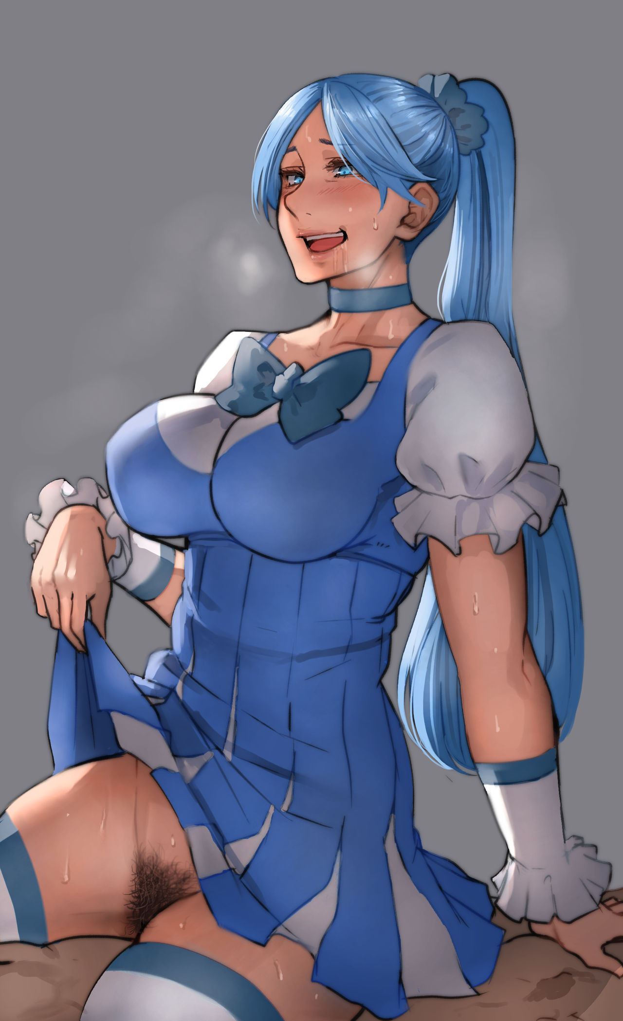 1boy, 1girls, 2019, absurd res, ambiguous penetration, blue clothing, blue eyes, blue hair, blush, bow, choker, clothed female nude male, clothing, costume, cowgirl position, dress, dress lift, drooling, eyebrows visible through hair, female, female focus, frills, grey background, heavy breathing, high ponytail, highres, lifted by self, long hair, long ponytail, male, mature female, nude, open mouth, original, partial male, pepe (jonasan), ponytail, pubic hair, puffy short sleeves, puffy sleeves, saliva, saliva trail, sex, simple background, smile, sweat, teeth, thighhighs, thighs, tied hair, tongue, very long hair, wrist cuffs
